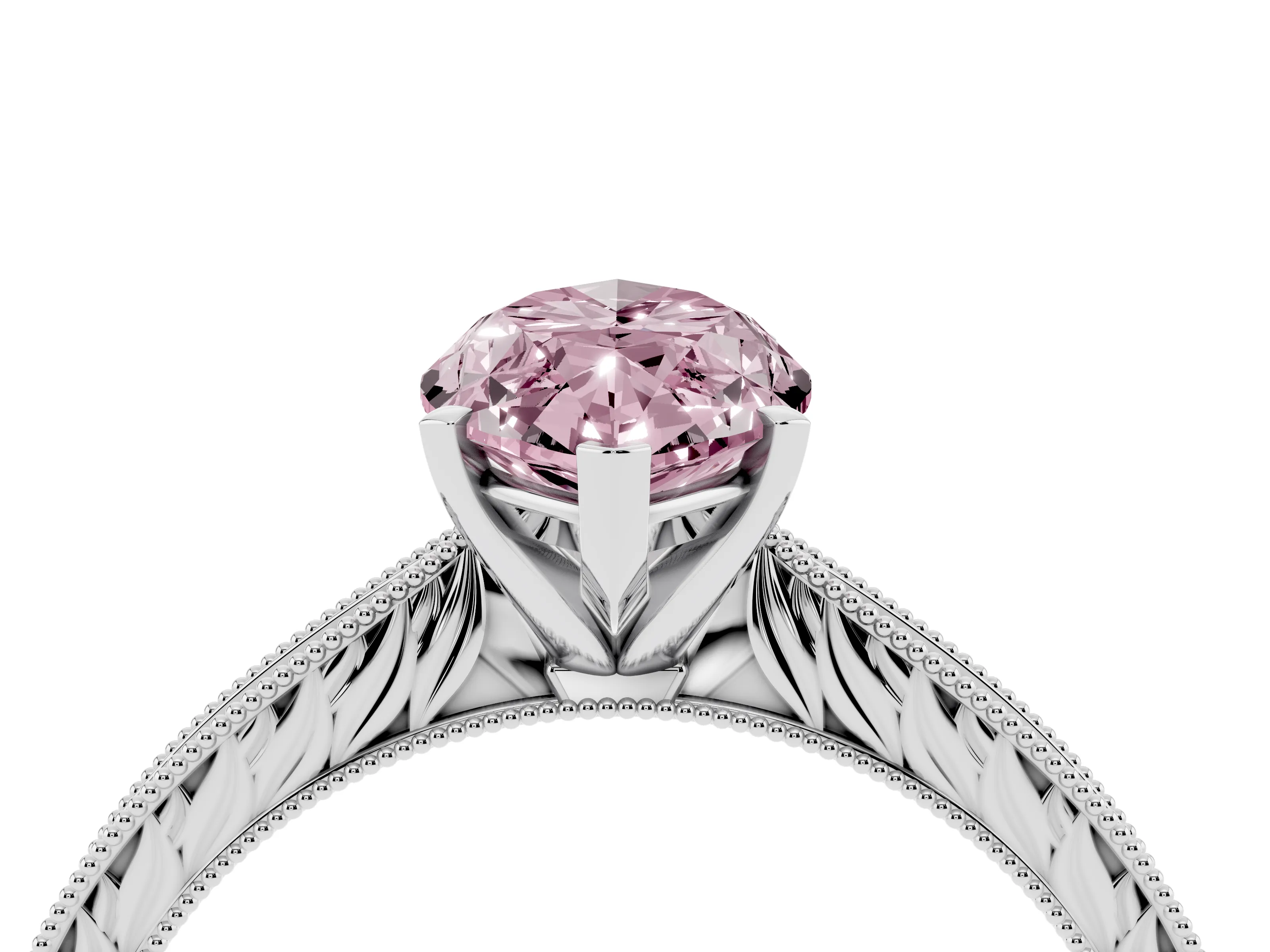 Fancy Pink Marquise Cut Diamond Solitaire Milgrain Engraved Band Set in White gold with Prong Setting
