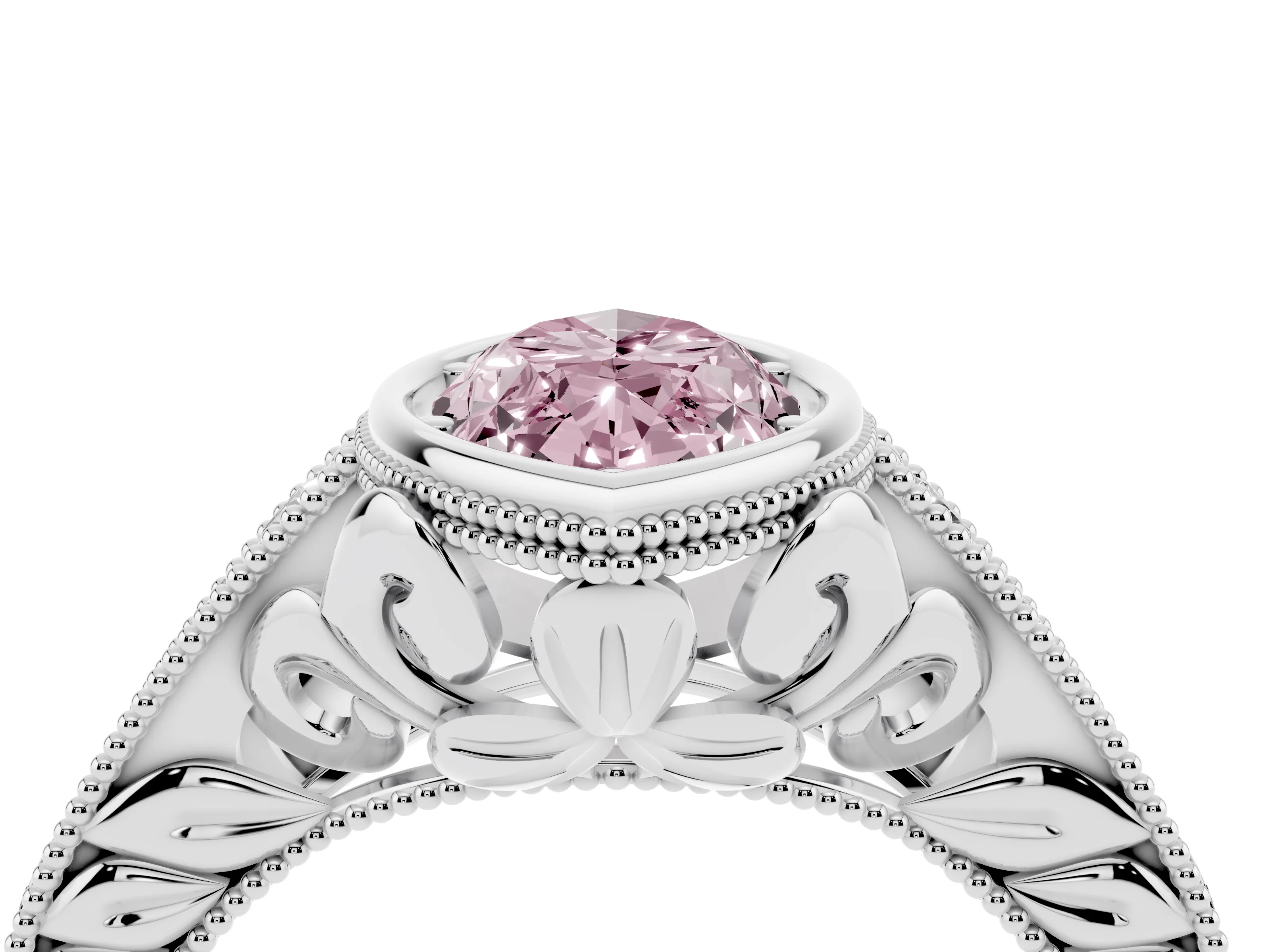 Fancy Pink Bezel Set Marquise Cut Diamond Milgrain Pavé Engagement Ring Set in White gold