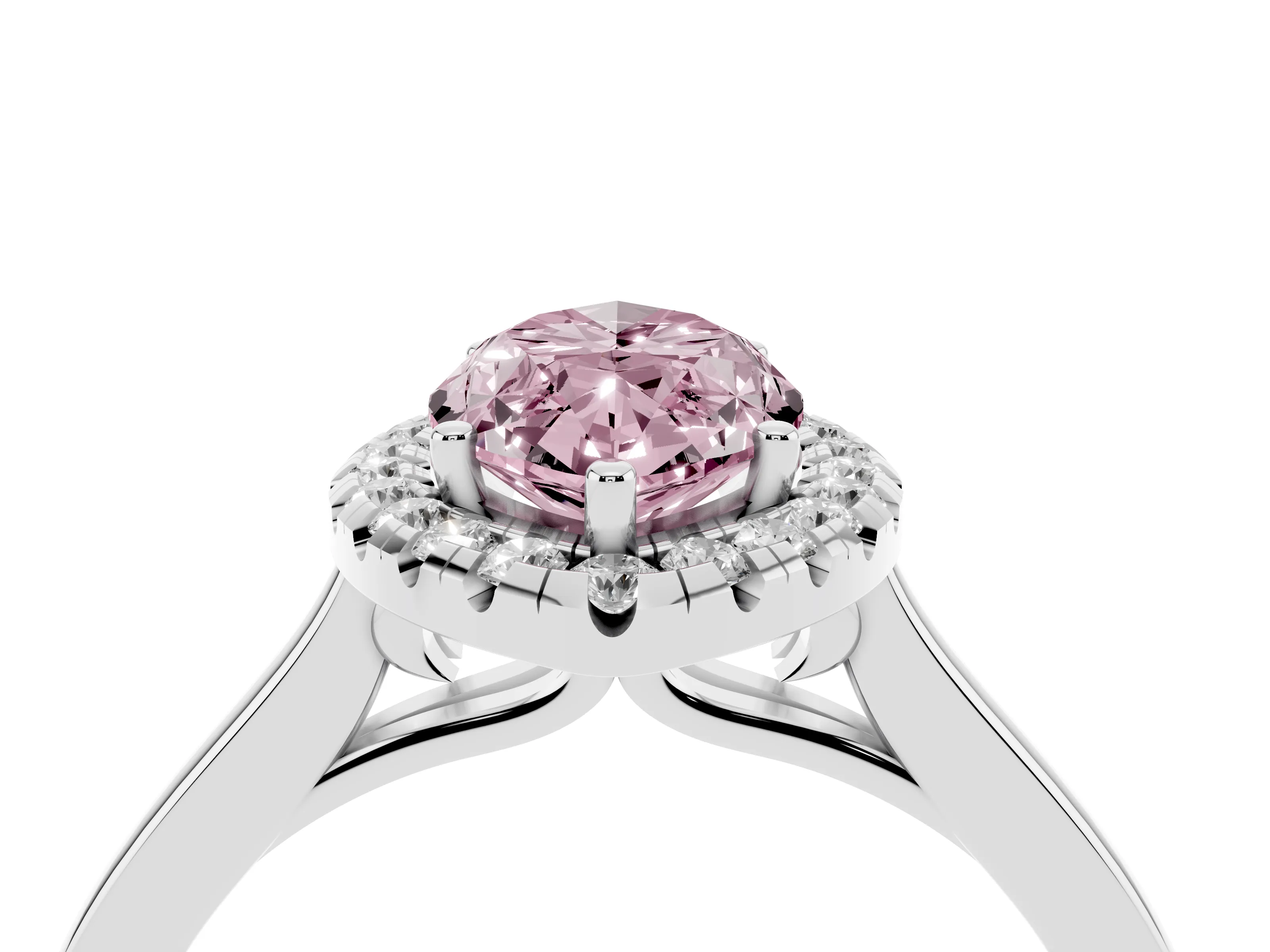 Fancy Pink Marquise Cut Halo Round Diamond Solitaire Ring Set in Platinum with Pavé Band and Prong Setting