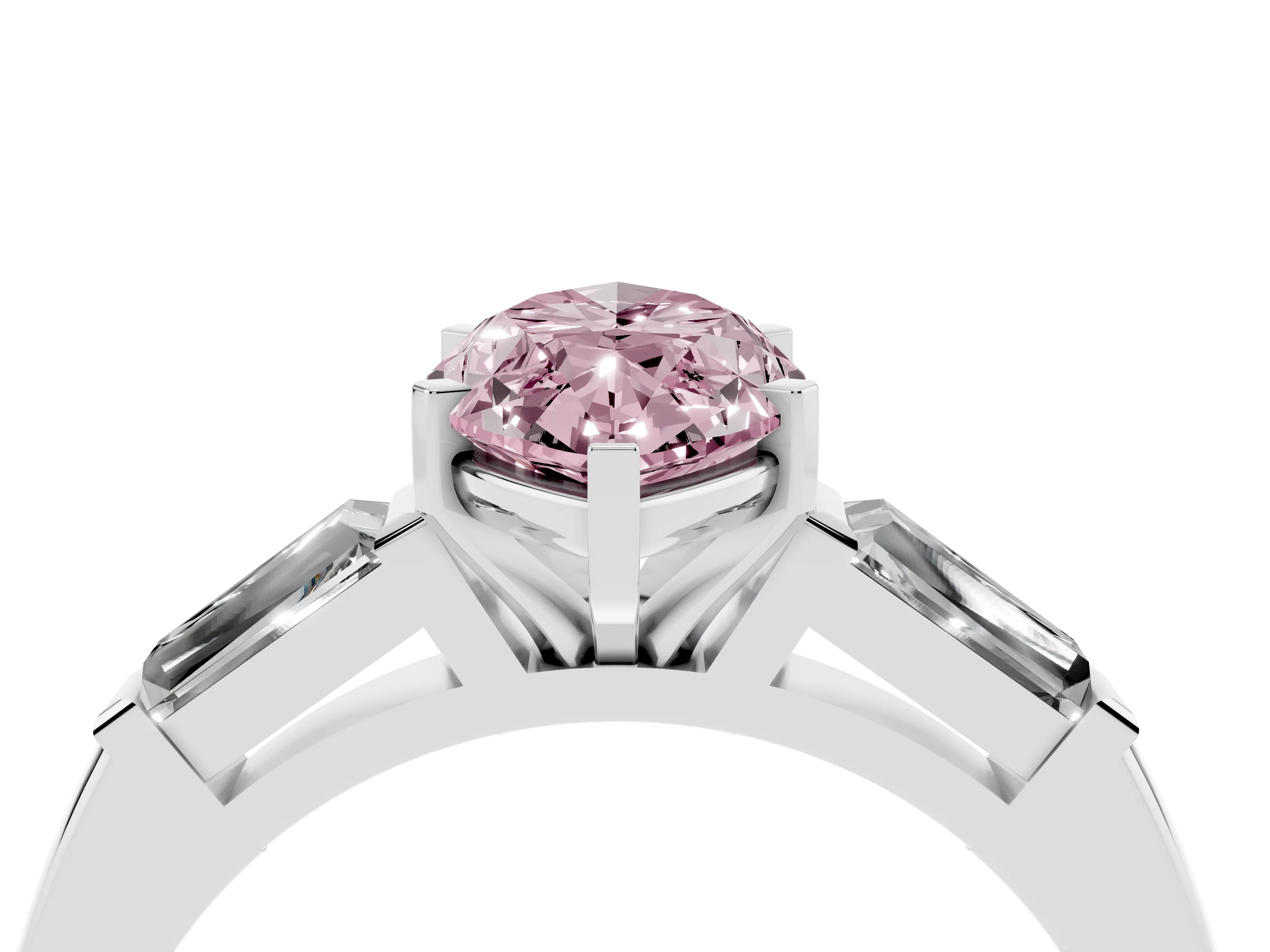 Fancy Pink Marquise Cut Diamond Solitaire Ring Set in White gold with Tapered Baguette Side Stones and Prong Setting