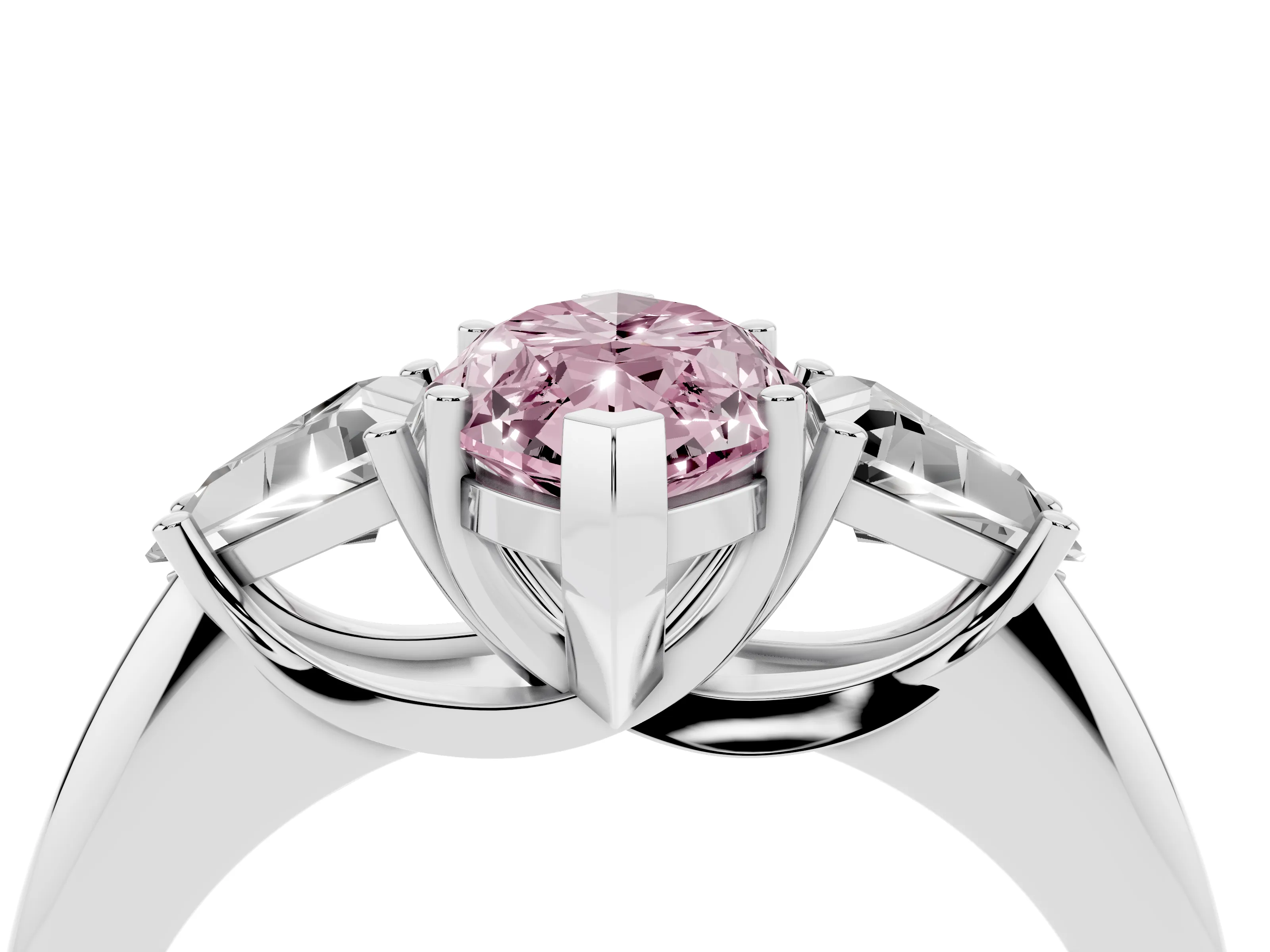 Fancy Pink Marquise Cut Diamond Three-Stone Engagement Ring Set in White gold with Trillion Side Stones