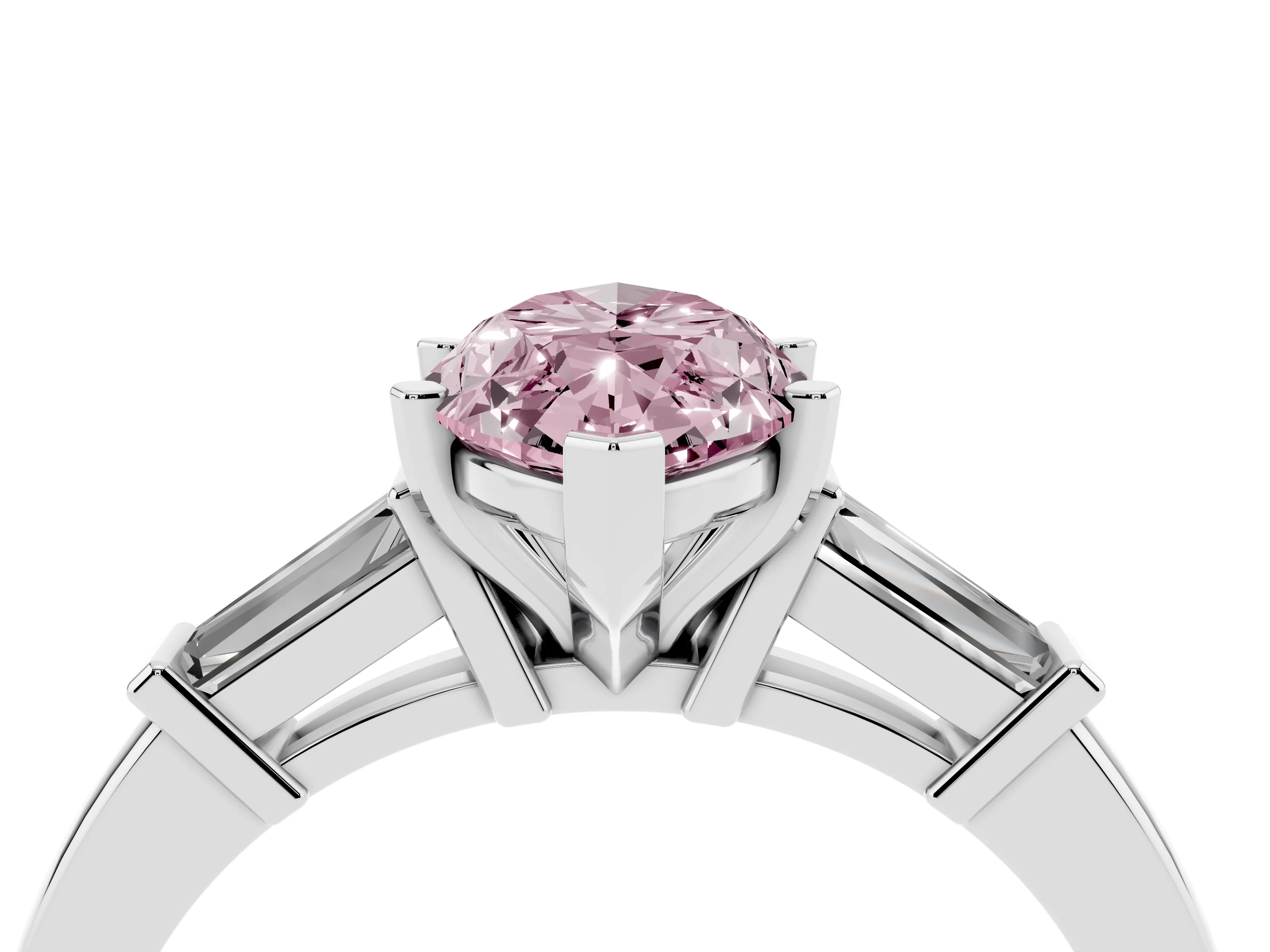 Fancy Pink Marquise Cut Diamond Solitaire Ring Set in White gold with Tapered Baguette Accents and Prong Setting