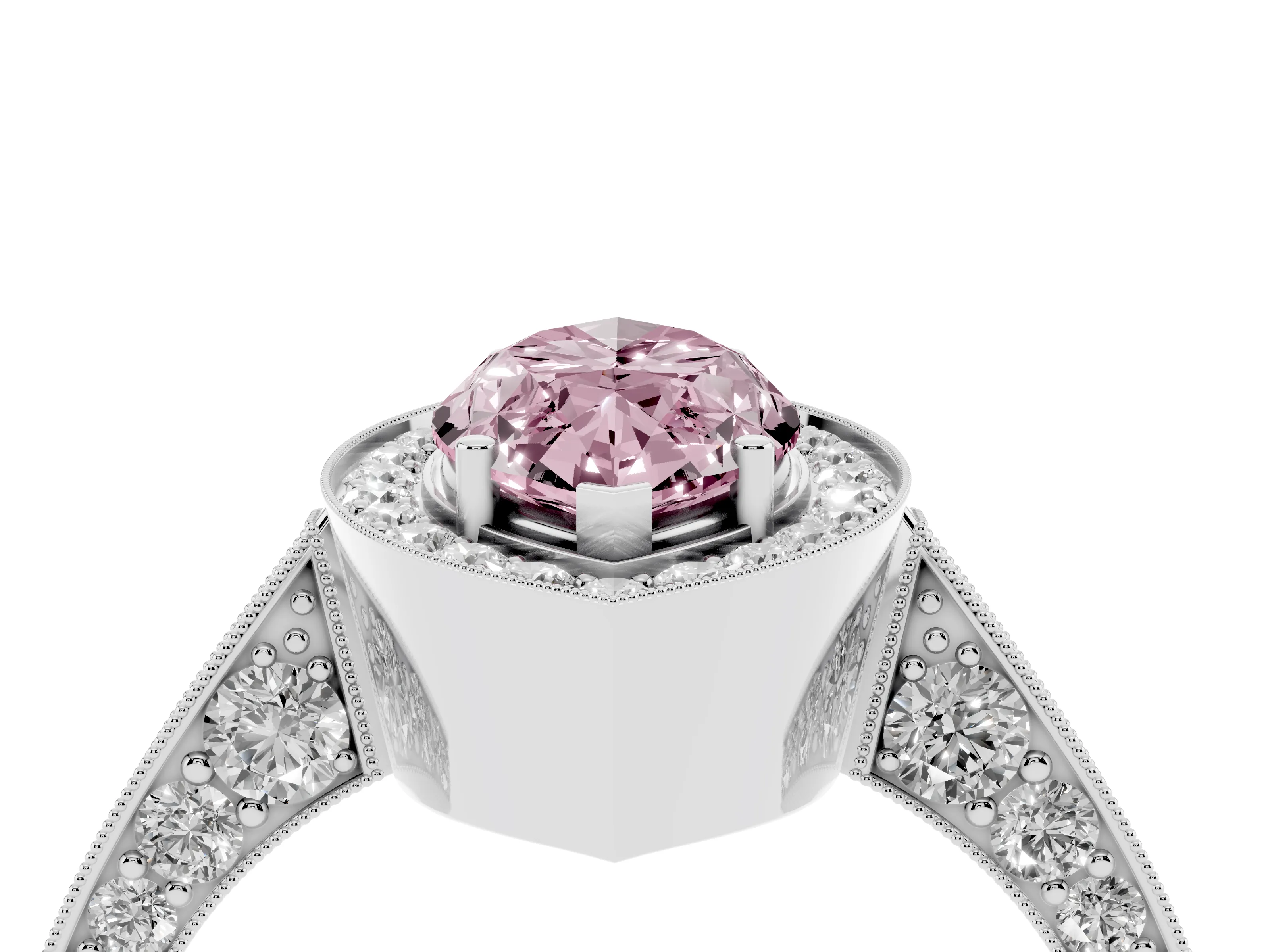 Fancy Pink Marquise Cut Diamond Halo Engagement Ring Set in White gold with Accent Split Shank Band