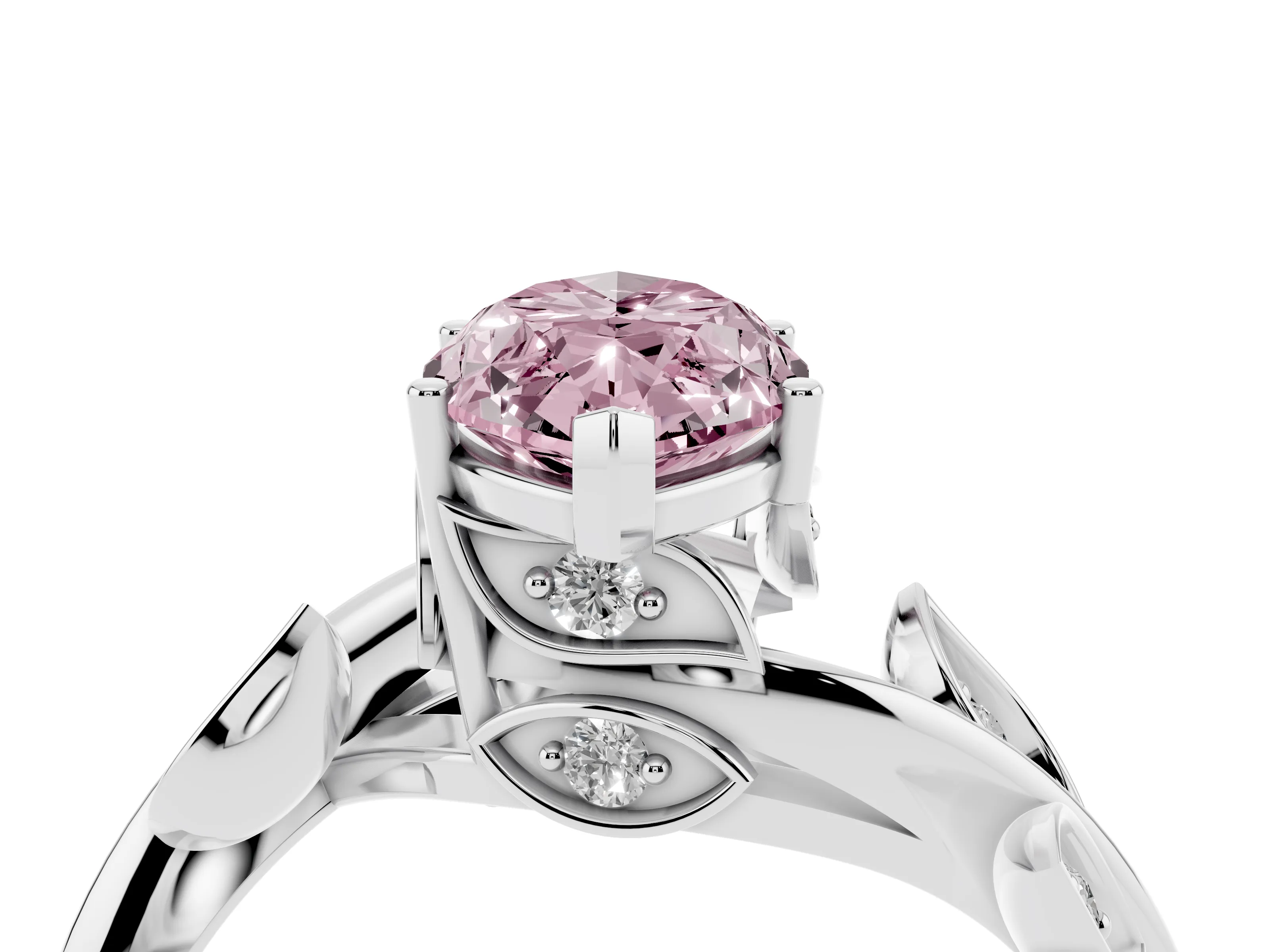 Fancy Pink Marquise Cut Diamond Solitaire Twist Engagement Ring Set in White gold with Pavé Leaf Accents