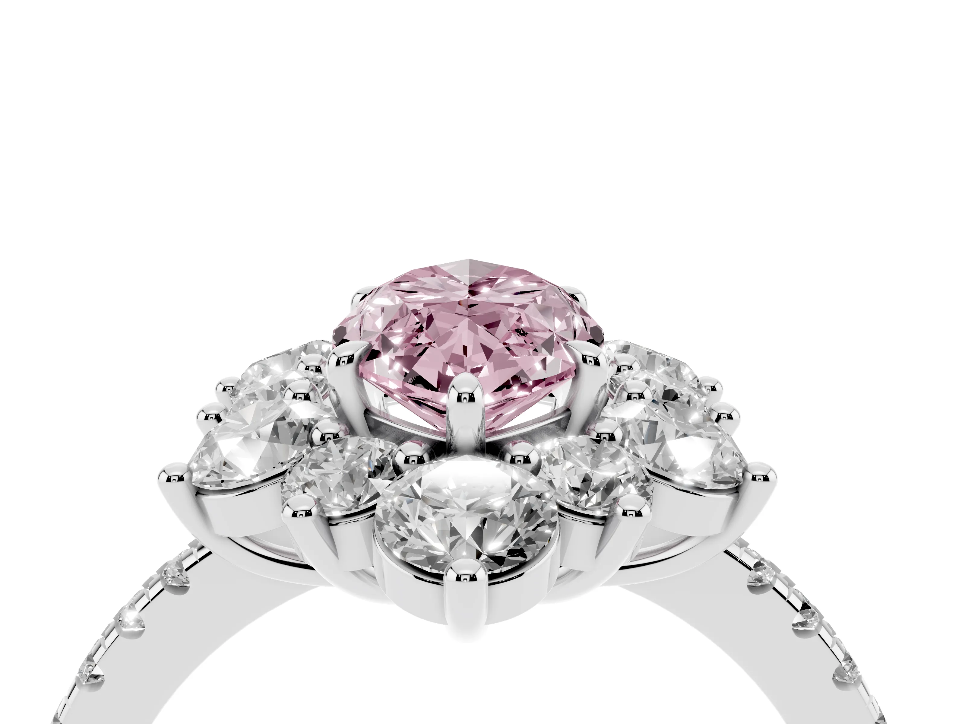 Fancy Pink Marquise Cut Diamond Floral Halo Ring Set in White gold with Round Pavé Band and Prong Setting