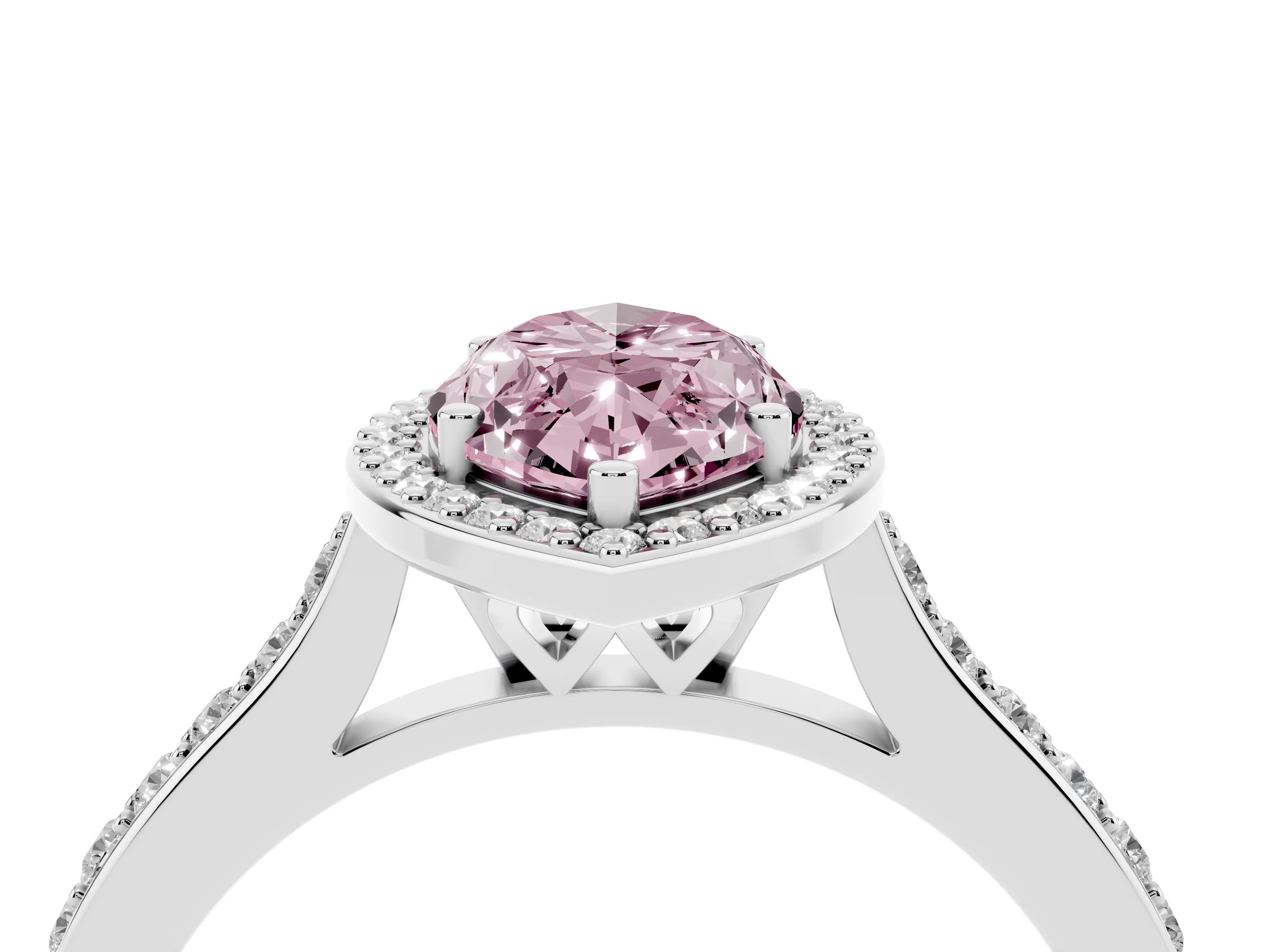 Fancy Pink Marquise Cut Diamond Halo Engagement Ring Set in Silver with Round Pavé Shoulders and Heart Gallery