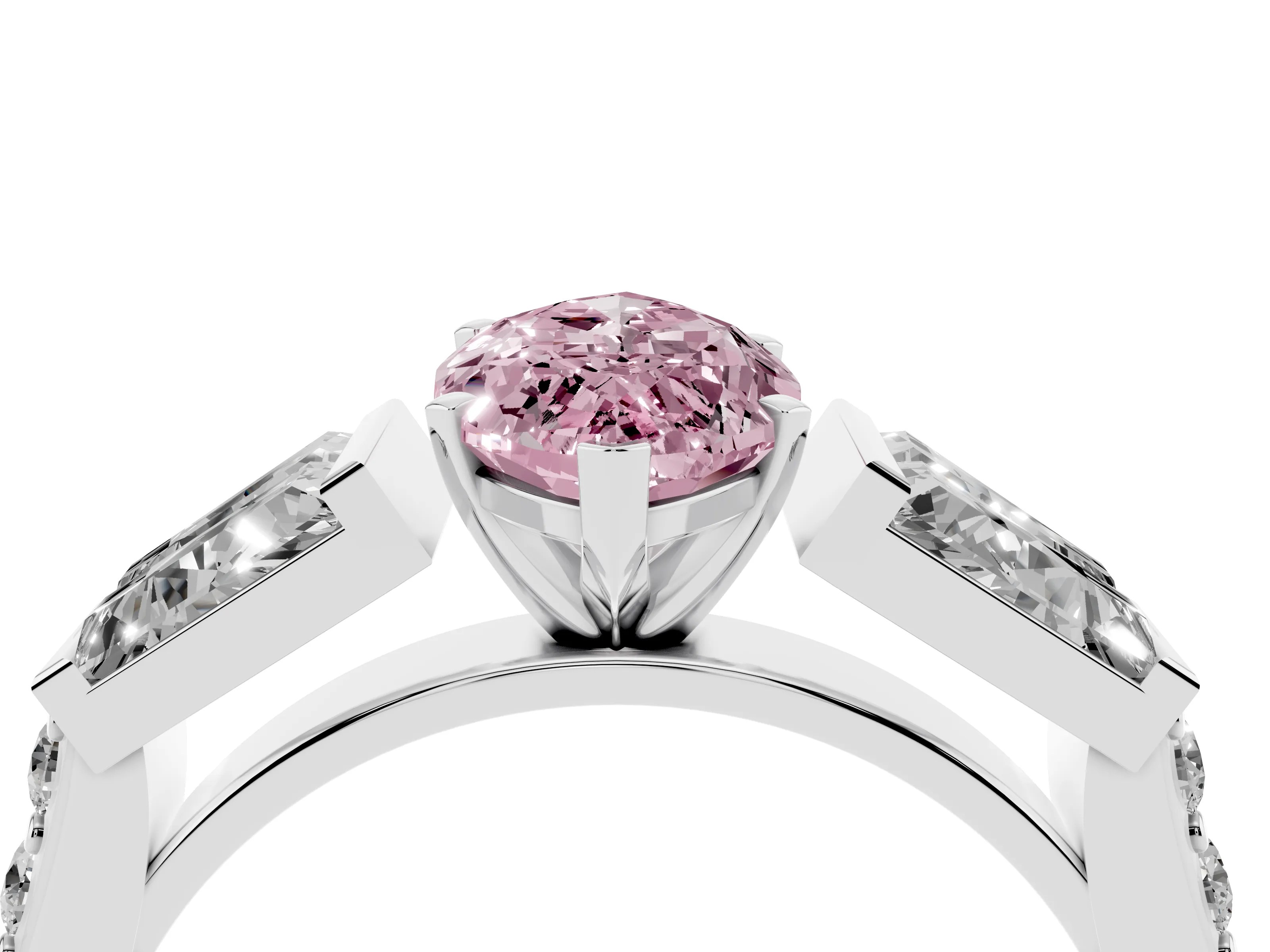 Fancy Pink Marquise Cut Diamond Engagement Ring Set in White gold with Baguette Side Stones and Channel Set Band