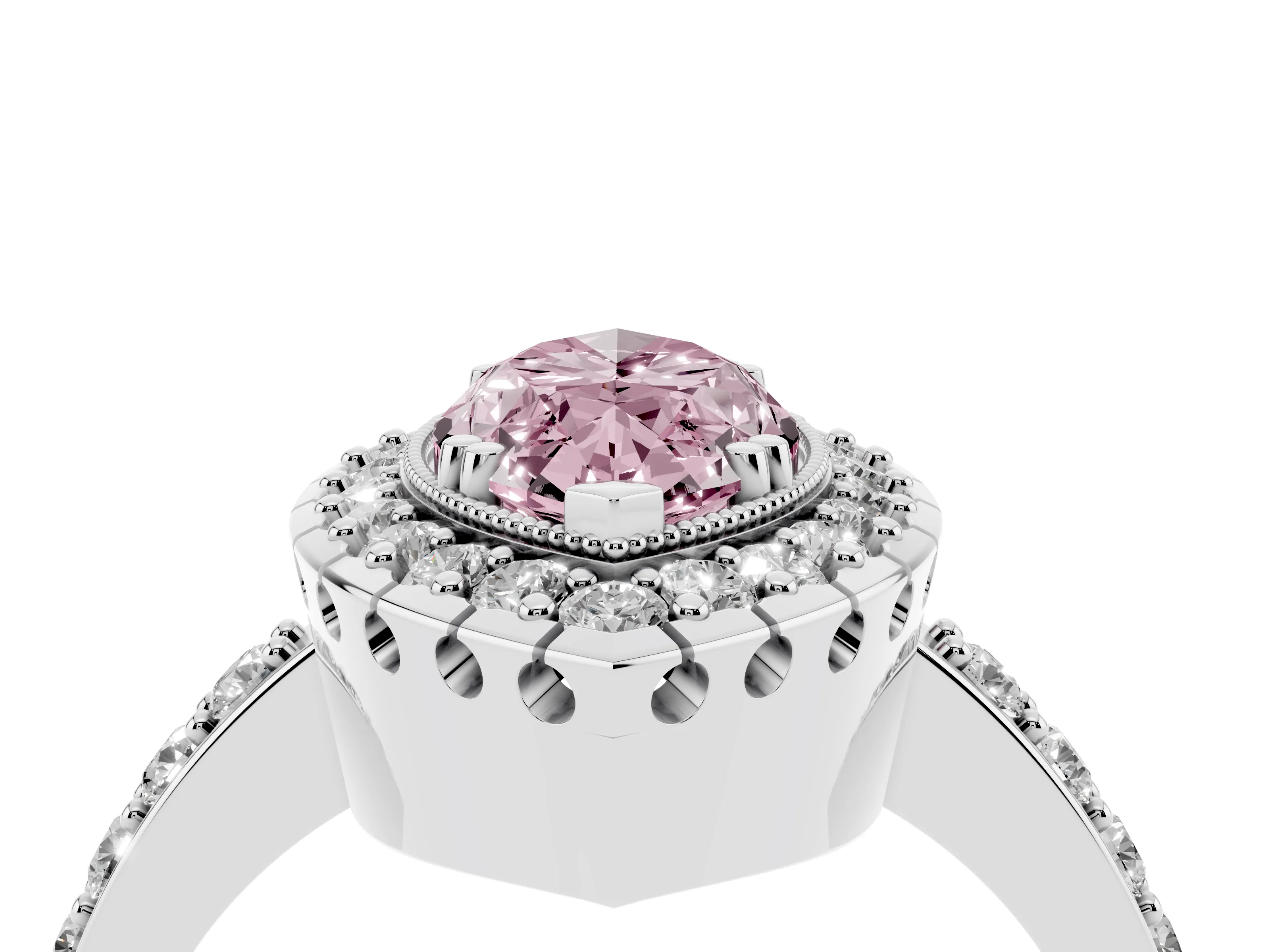 Fancy Pink Marquise Cut Diamond Halo Ring Set in White gold with Pavé Shank and Prong Setting