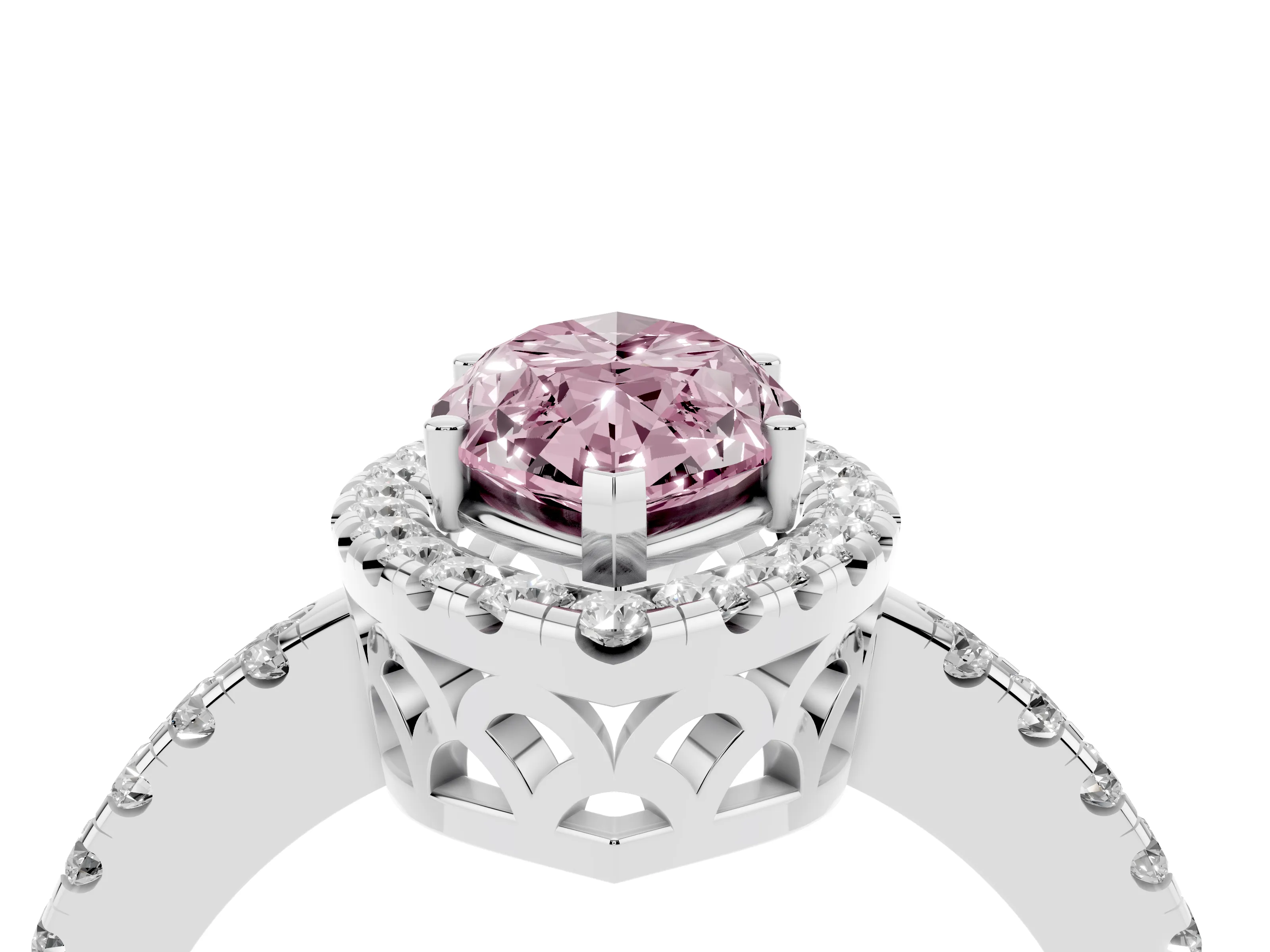 Fancy Pink Marquise Cut Diamond Pavé Band Halo Engagement Ring Set in White gold with Prong Setting