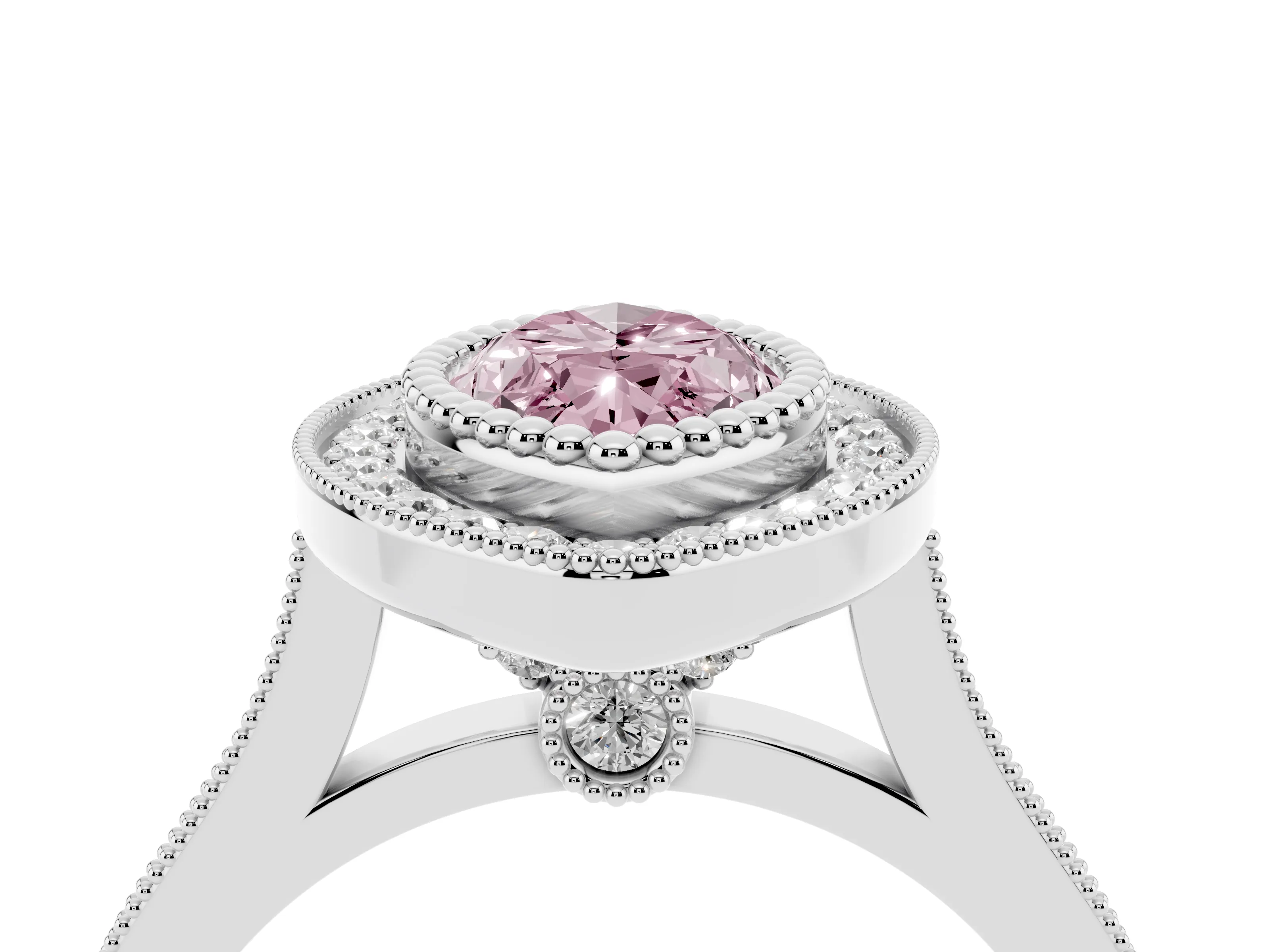 Fancy Pink Marquise Cut Diamond Halo Ring Set in White gold with Milgrain Frame and Pavé Band