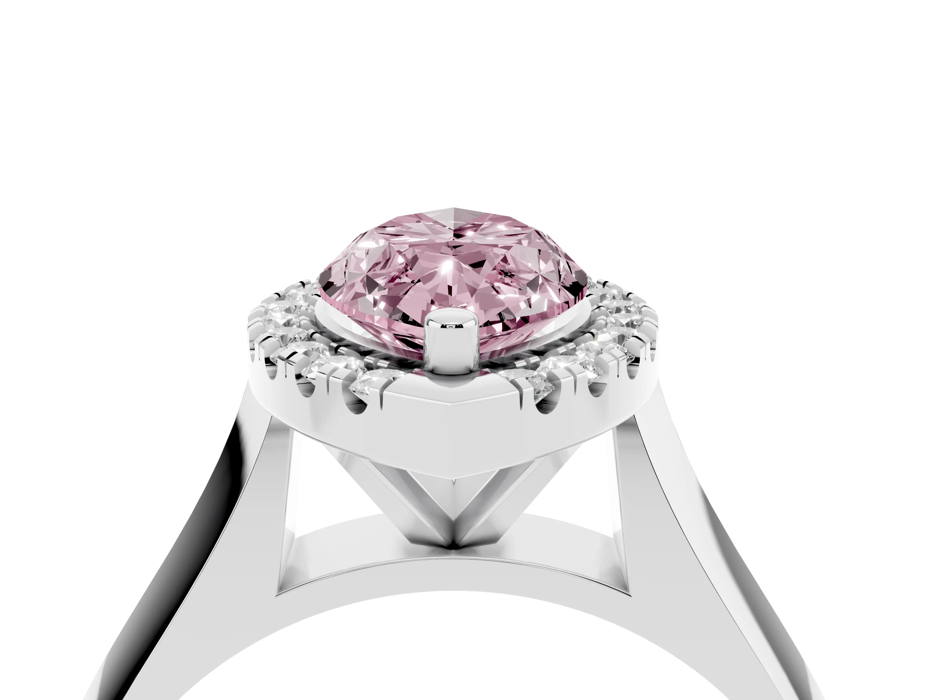 Fancy Pink Marquise Cut Diamond Halo Solitaire Engagement Ring Set in Platinum with Square Band and Prong Setting