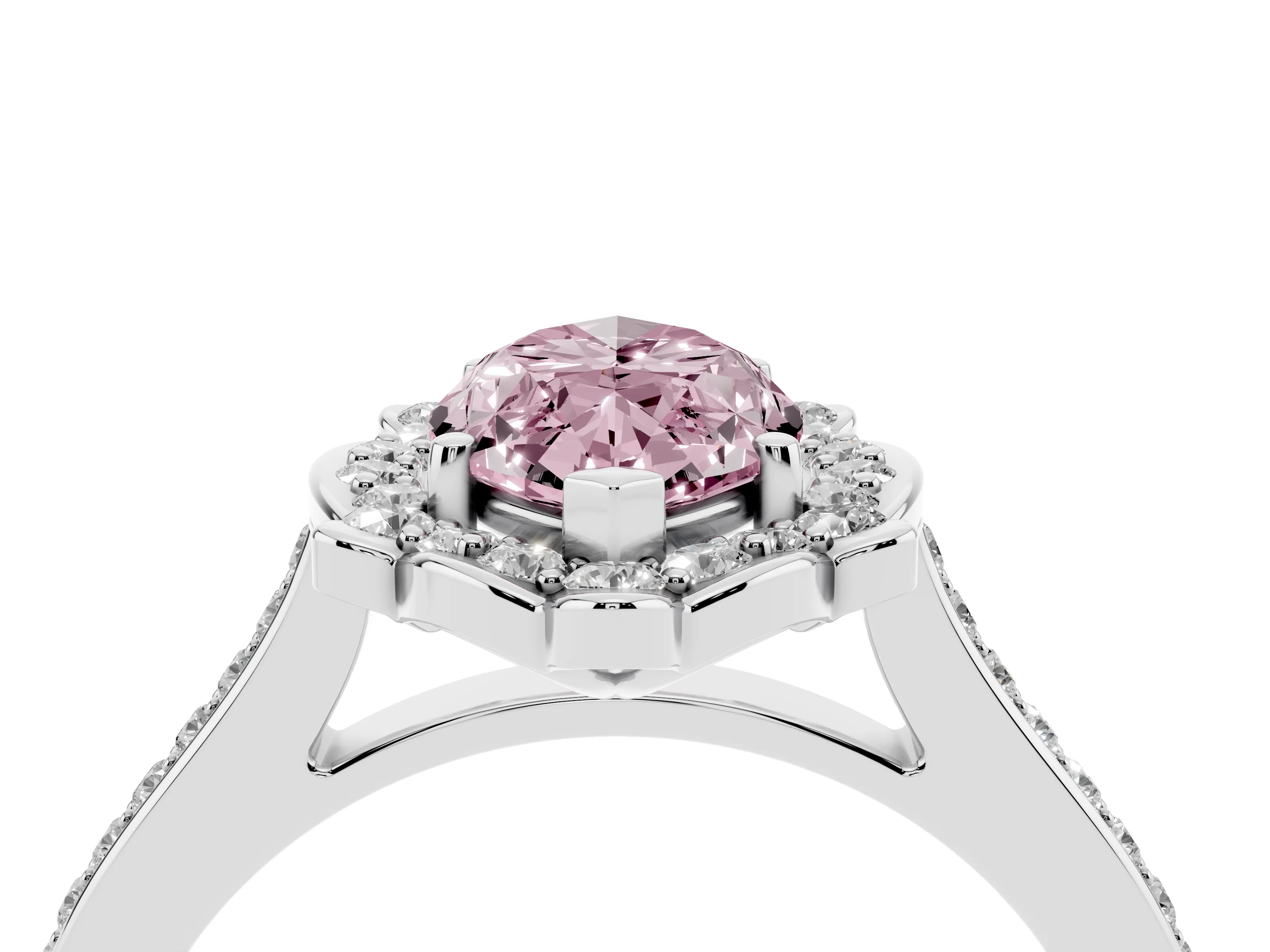 Fancy Pink Marquise Cut Diamond Halo Ring Set in White gold with Pavé-Lined Shoulders and Prong Setting
