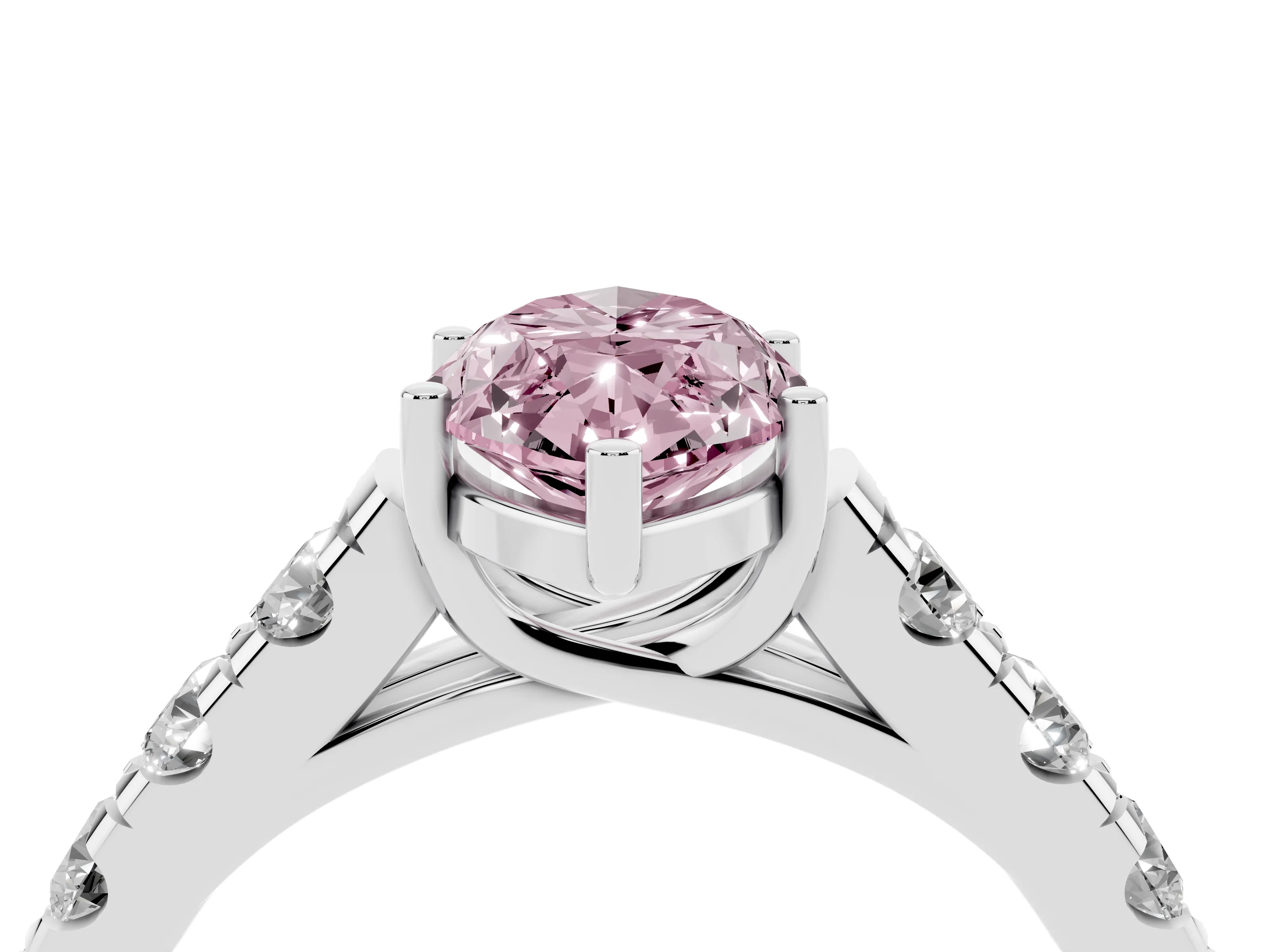 Fancy Pink Marquise Cut Diamond Solitaire Ring Set in White gold with Cut-Down Micro Pavé Band and Prong Setting