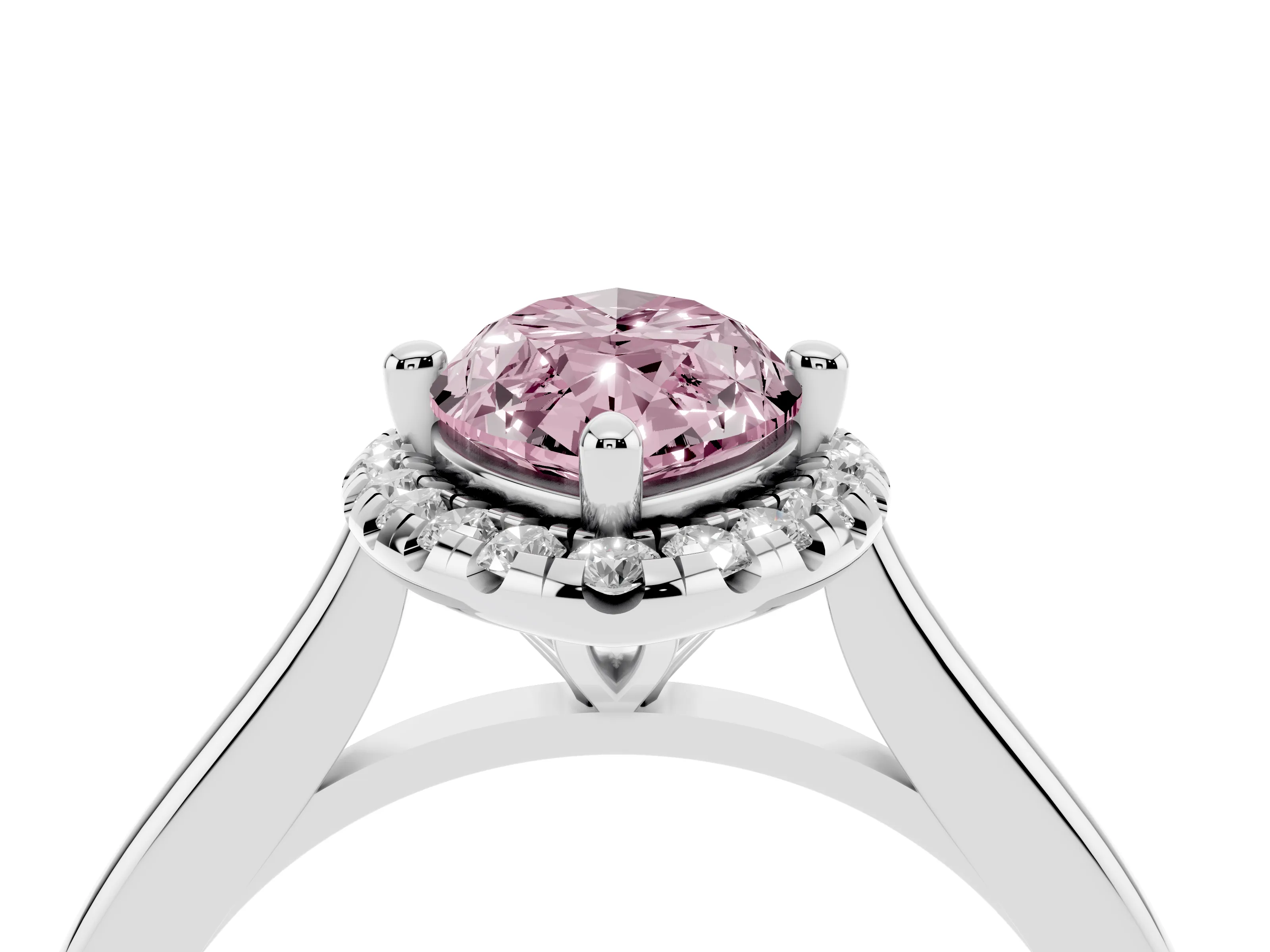 Fancy Pink Marquise Cut Diamond Halo Engagement Ring Set in Platinum with Pavé Band and Rising Shoulders