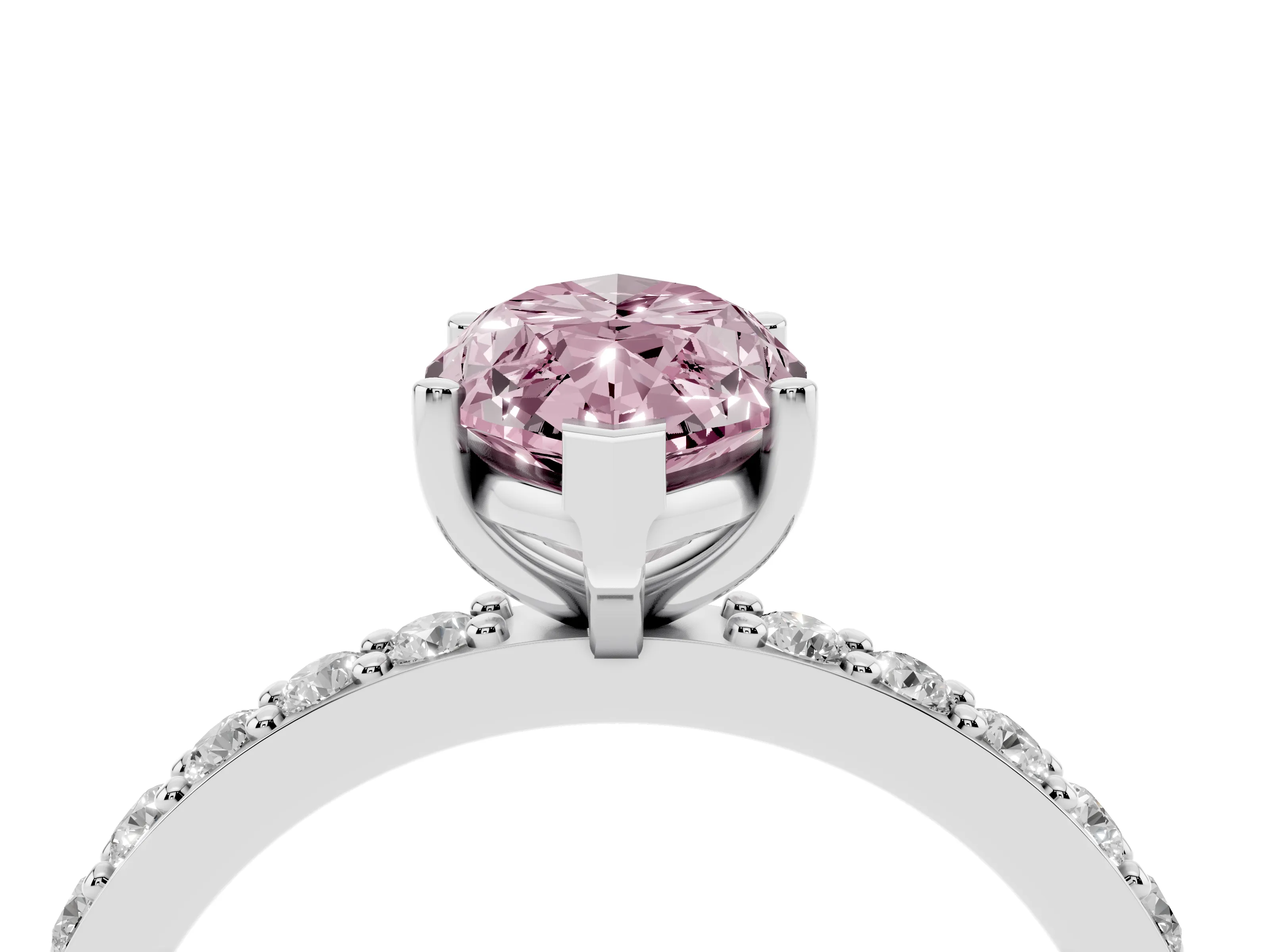 Fancy Pink Marquise Cut Diamond Solitaire Set in Silver with Round Pavé Band and Prong Setting