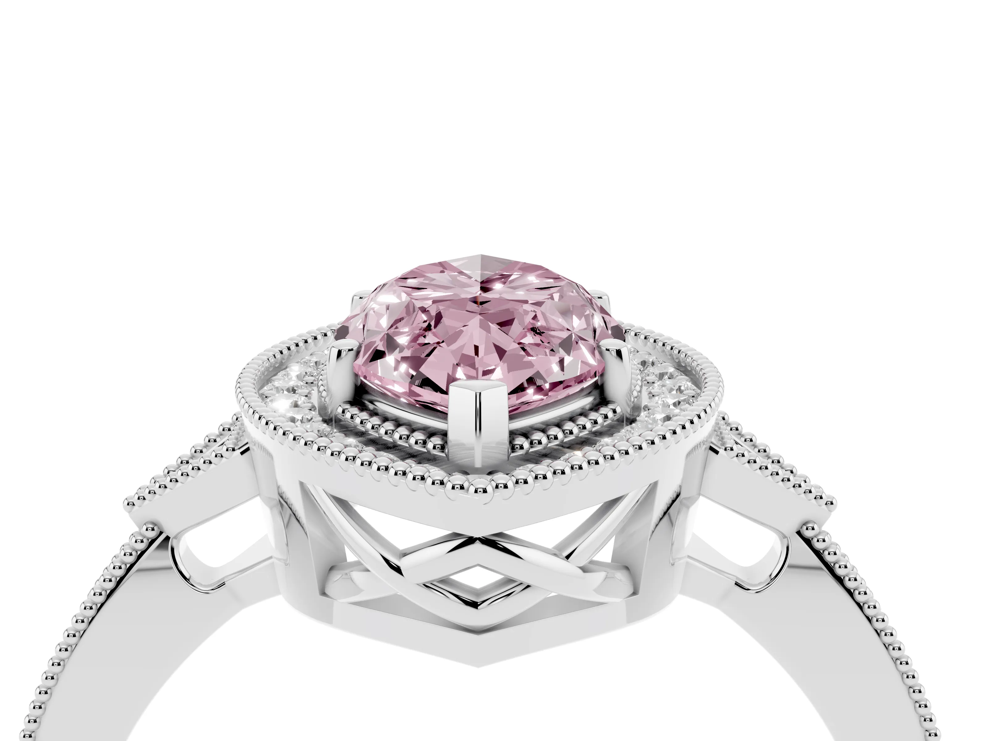 Fancy Pink Marquise Cut Diamond Halo Engagement Ring Set in White gold with Milgrain Pavé Band