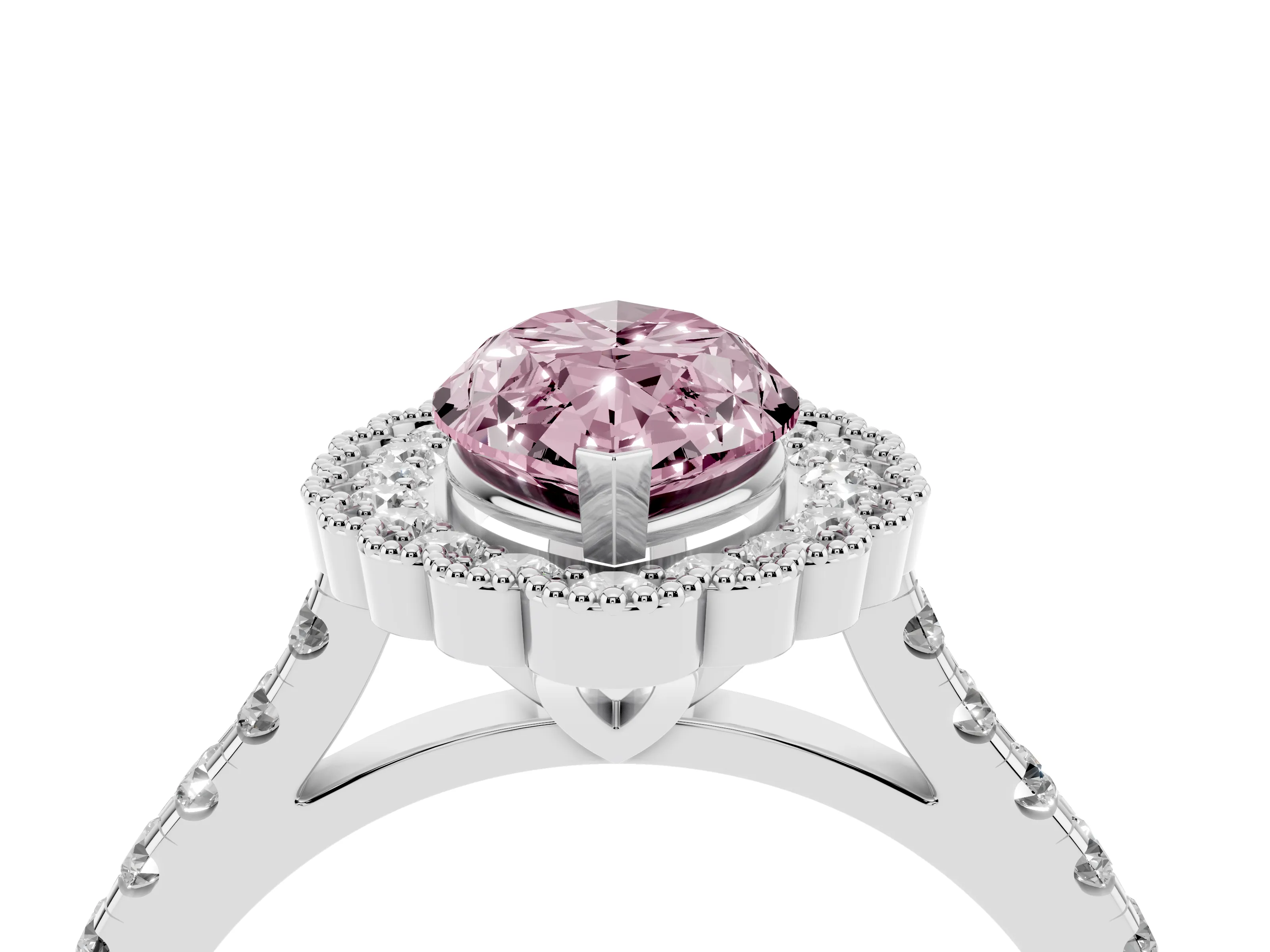 Fancy Pink Marquise Cut Diamond Milgrain Floral Halo Engagement Ring Set in White gold with Pavé Band