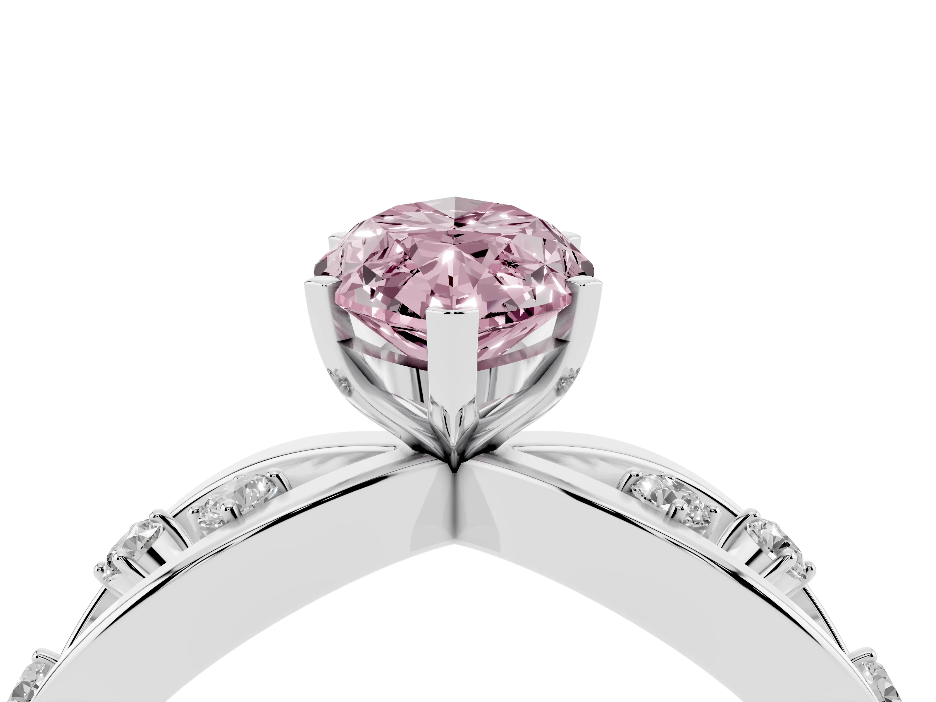 Fancy Pink Marquise Cut Diamond Solitaire Ring Set in Silver with Side Stones on Criss-Cross Band and Prong Setting