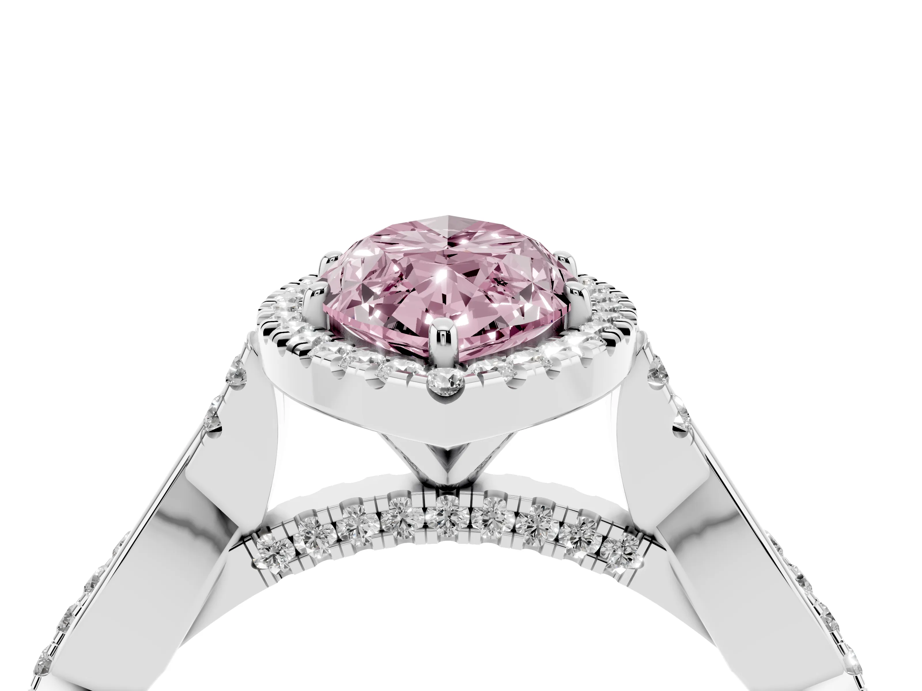 Fancy Pink Marquise Cut Diamond Halo Twist Band Solitaire Ring Set in White gold with Prong Setting