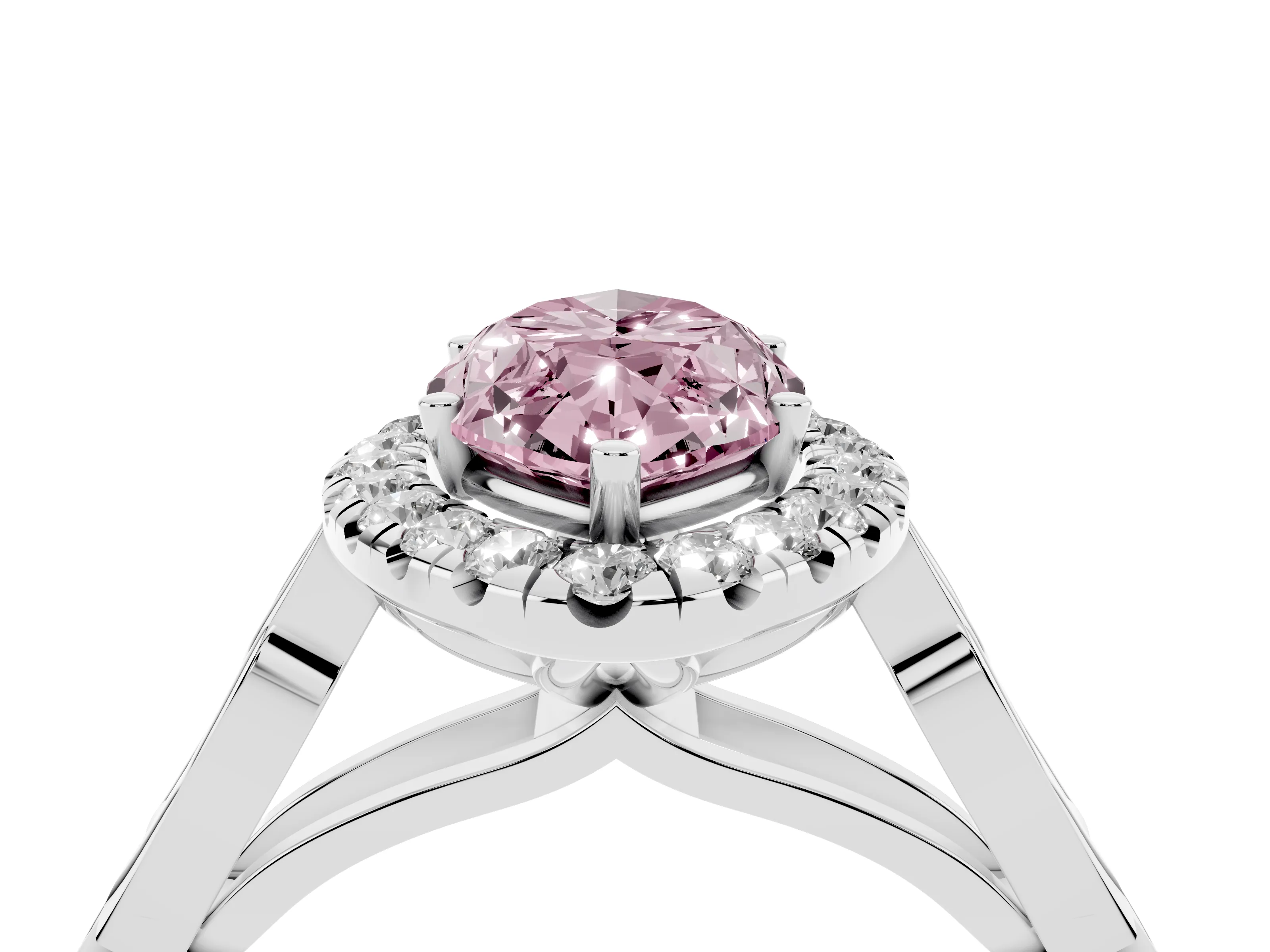 Fancy Pink Marquise Cut Diamond Halo Engagement Ring Set in White gold with Filigree Band and Prong-Set Center