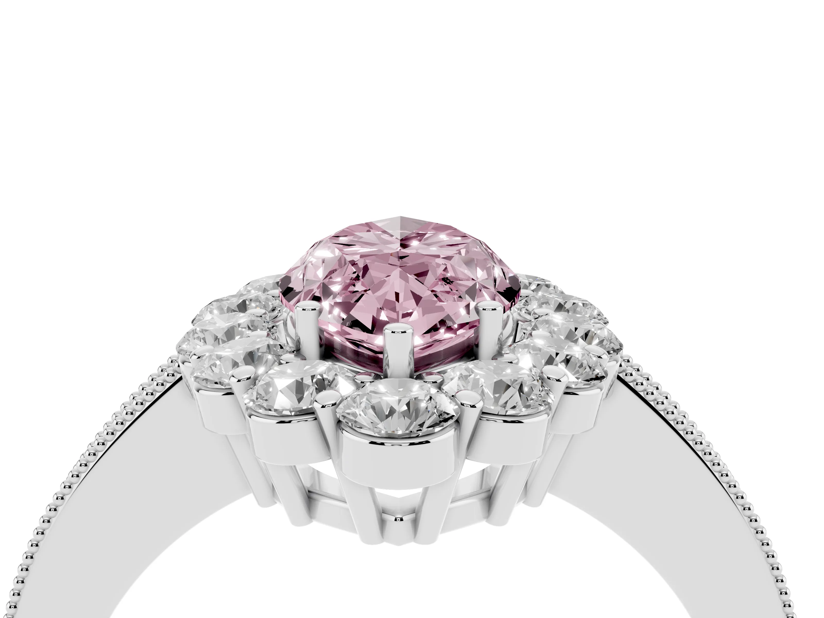 Fancy Pink Marquise Cut Diamond Halo Pavé Engagement Ring Set in White gold with Milgrain Detailing