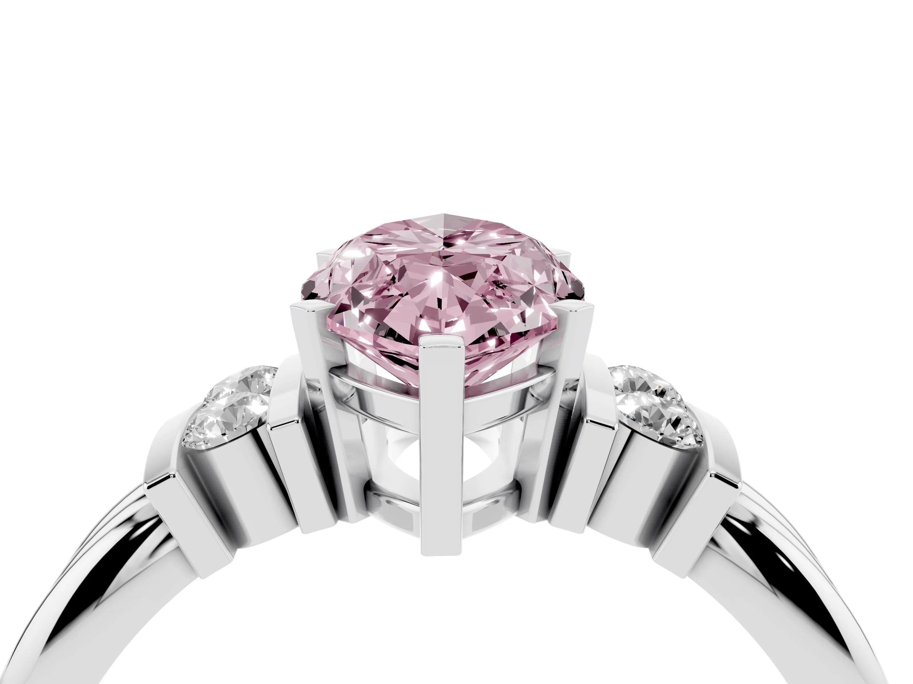 Fancy Pink Three-Stone Marquise Cut Diamond Channel Set Ring Set in White gold with Bar Prongs