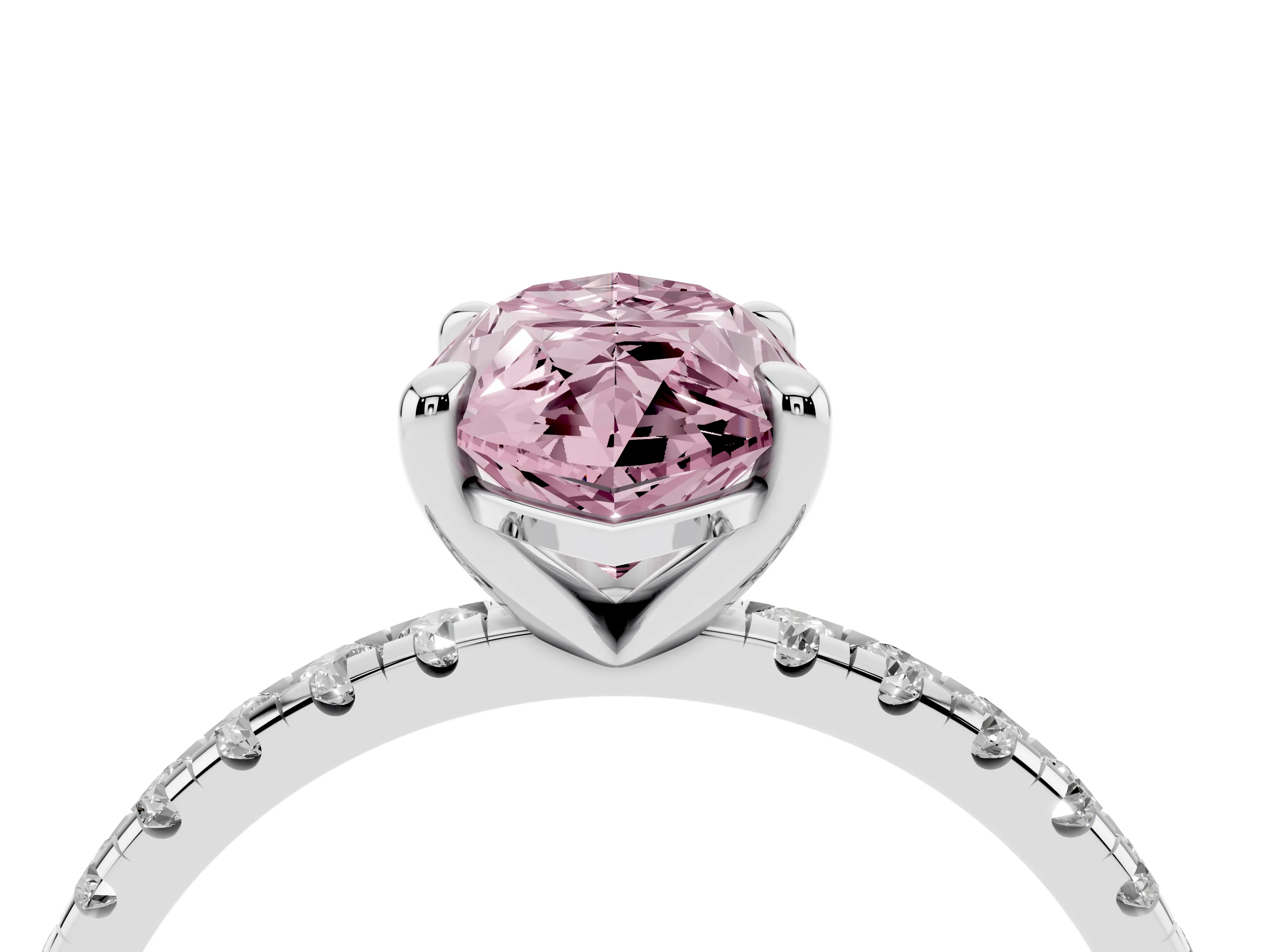 Fancy Pink Marquise Cut Diamond Brilliant Solitaire Ring Set in Silver with Pavé Band and Prong Setting