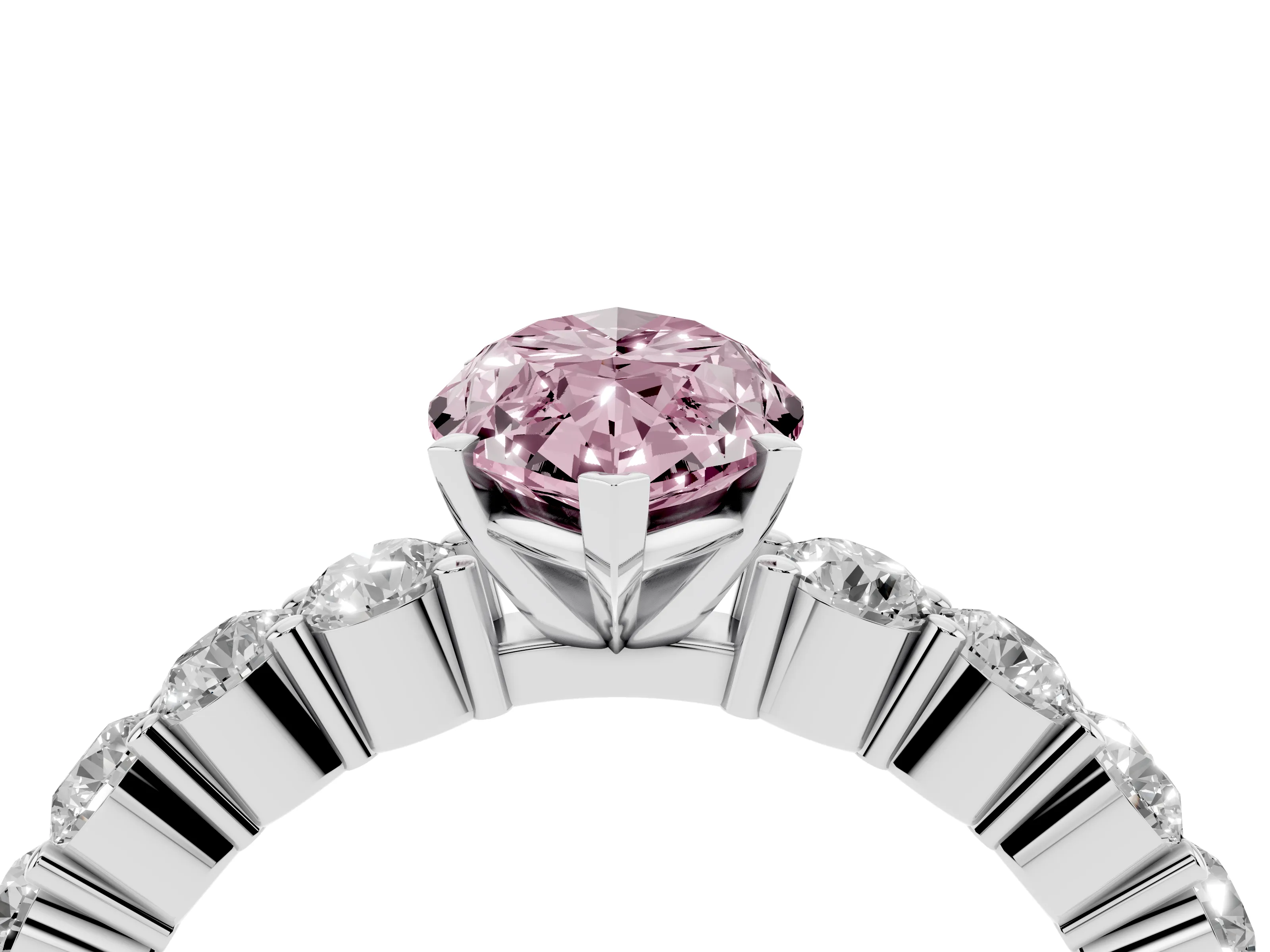 Fancy Pink Marquise Cut Diamond Solitaire Ring Set in Silver with Shared Prong Round Side Stones