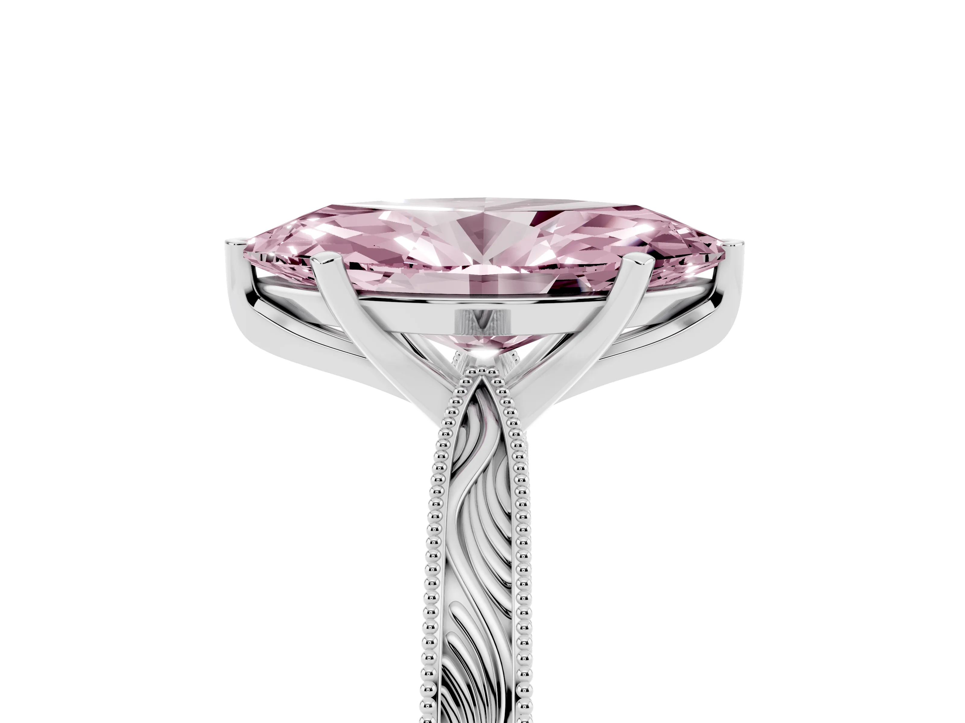 Fancy Pink Marquise Cut Diamond Solitaire Milgrain Engraved Band Set in White gold with Prong Setting