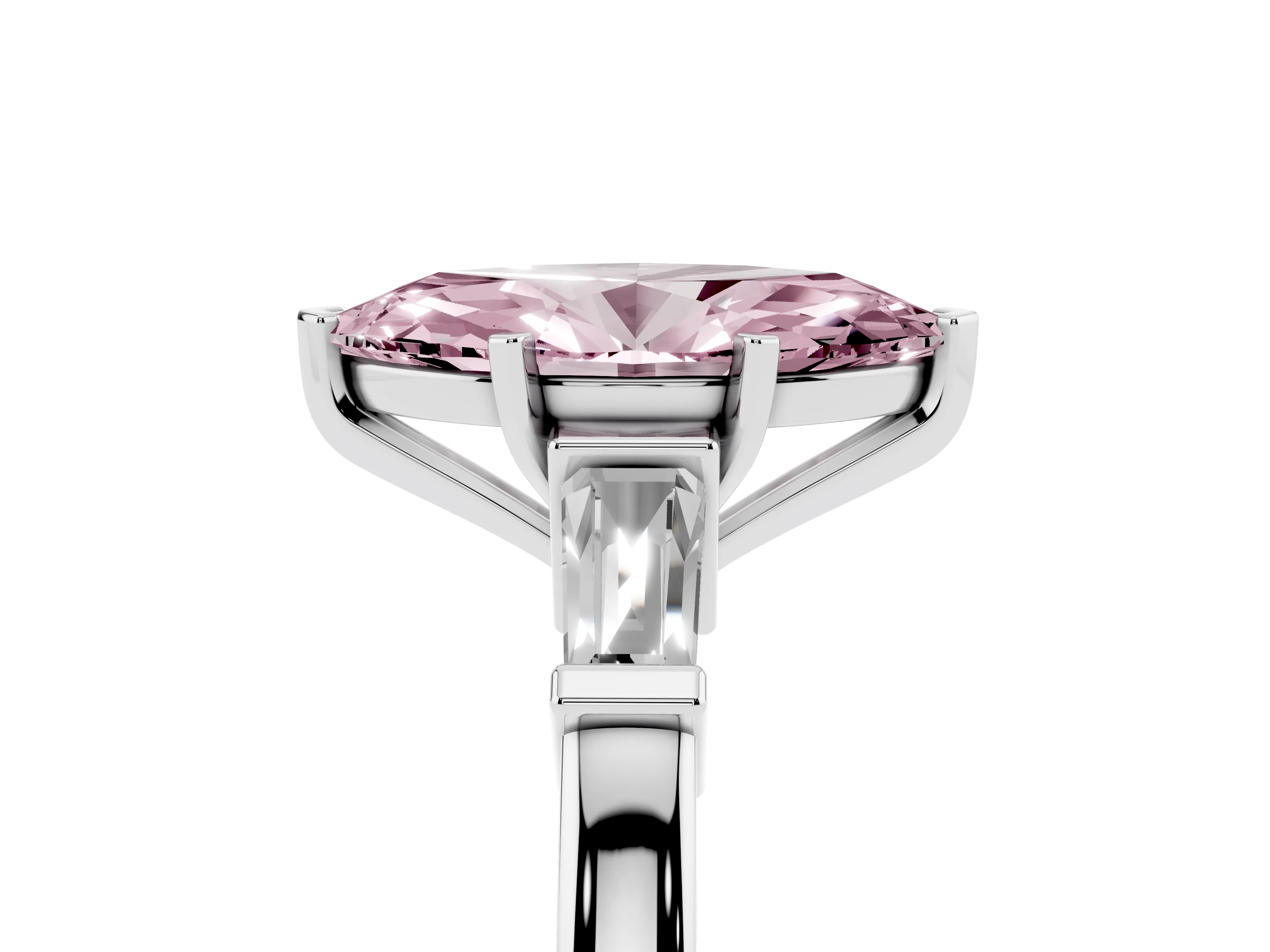 Fancy Pink Marquise Cut Diamond Solitaire Ring Set in White gold with Tapered Baguette Accents and Prong Setting