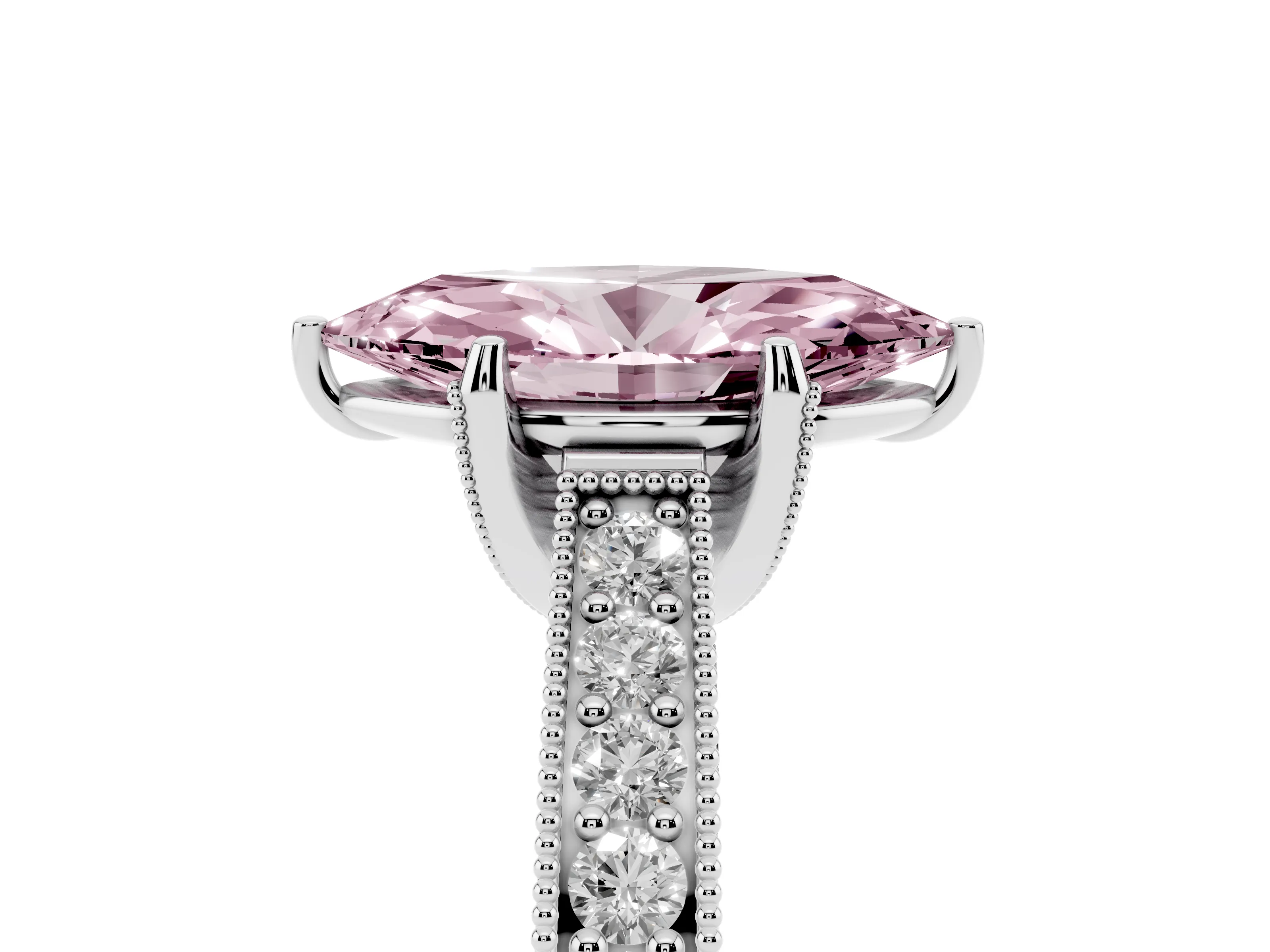 Fancy Pink Marquise Cut Diamond Solitaire Ring Set in White gold with Milgrain-Edged Pavé Band and Prong Setting