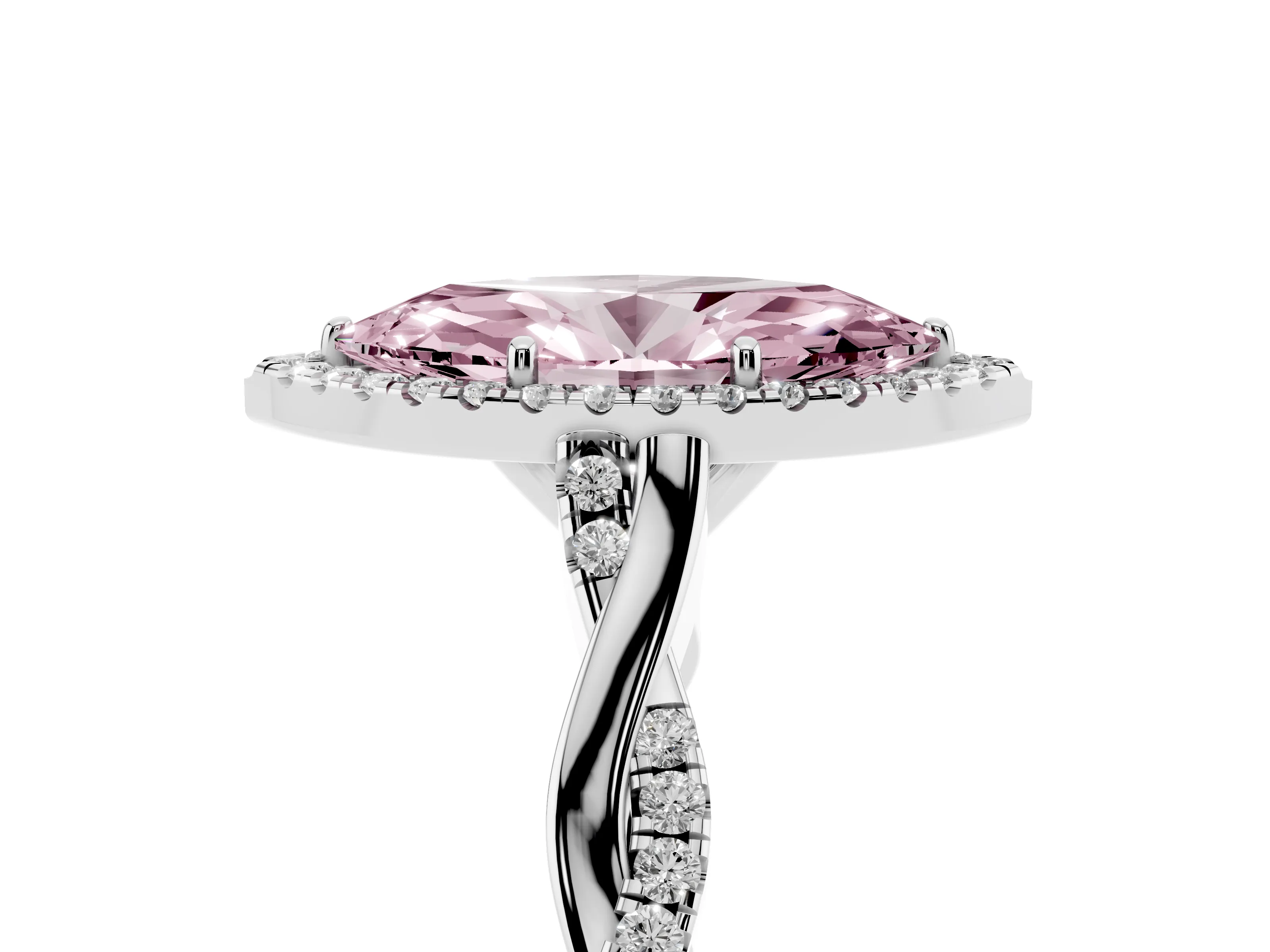 Fancy Pink Marquise Cut Diamond Halo Twist Band Solitaire Ring Set in White gold with Prong Setting