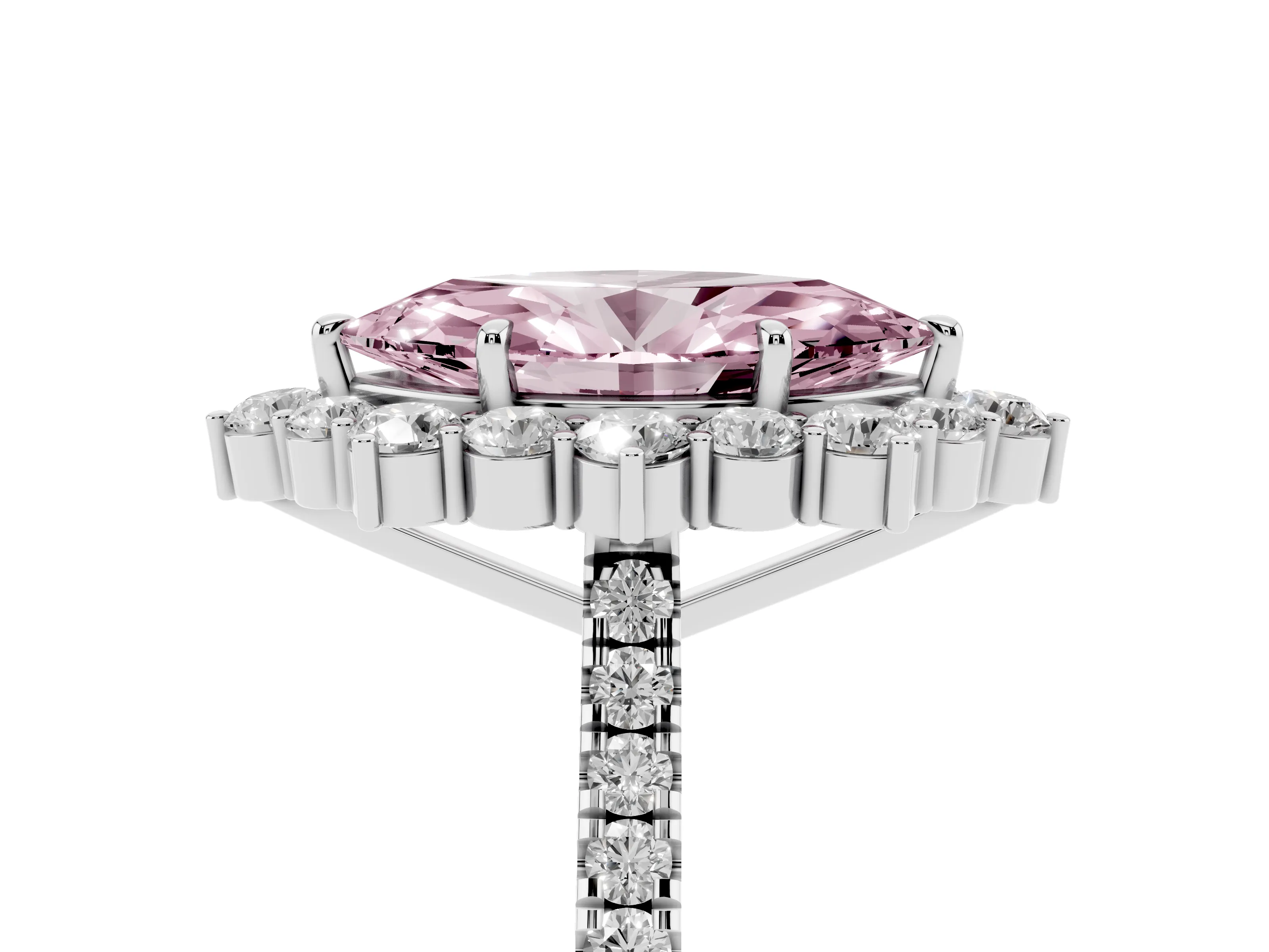 Fancy Pink Marquise Cut Diamond Halo Ring Set in White gold with Pavé Band and Prong Setting