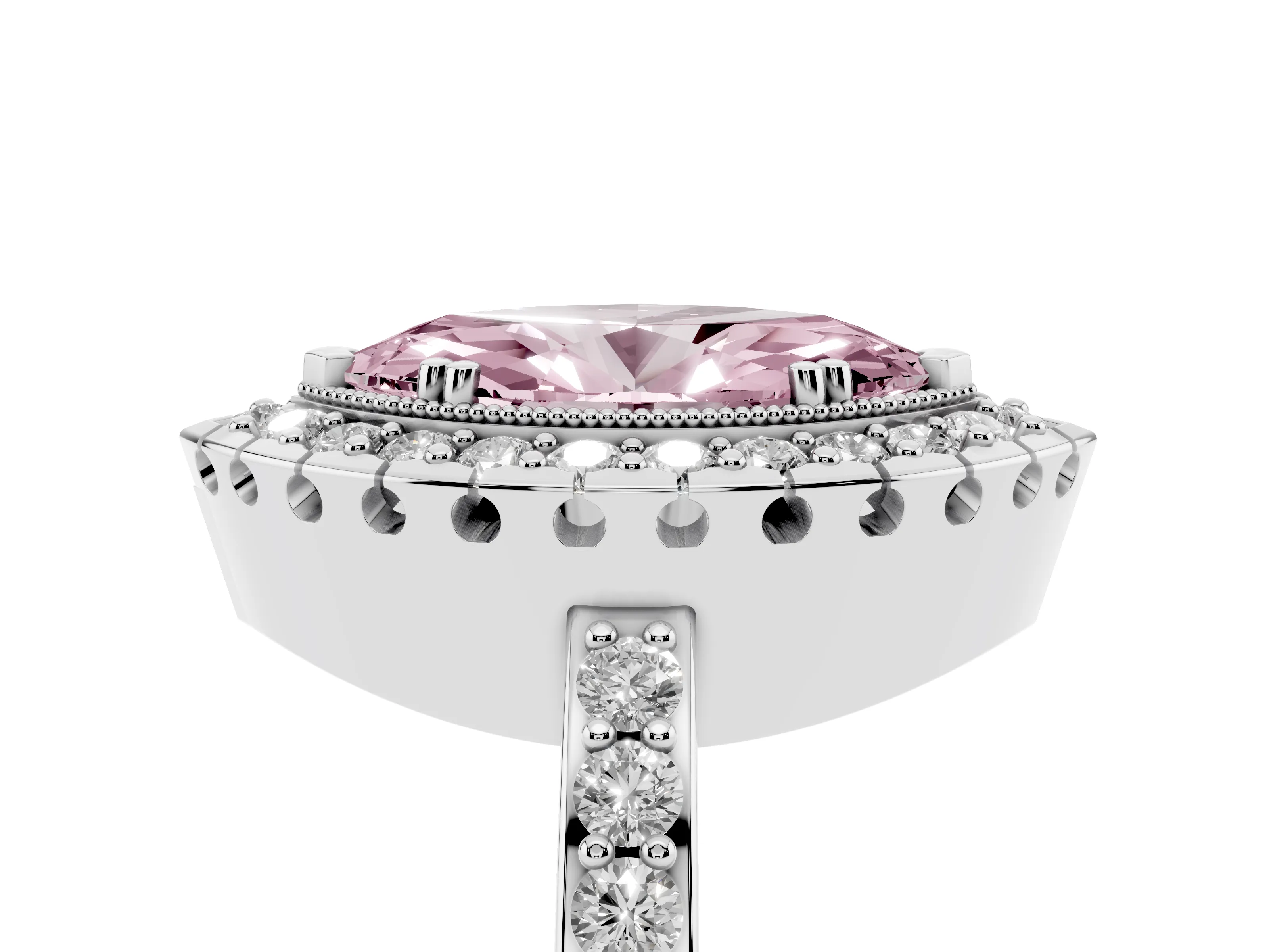 Fancy Pink Marquise Cut Diamond Halo Ring Set in White gold with Pavé Shank and Prong Setting