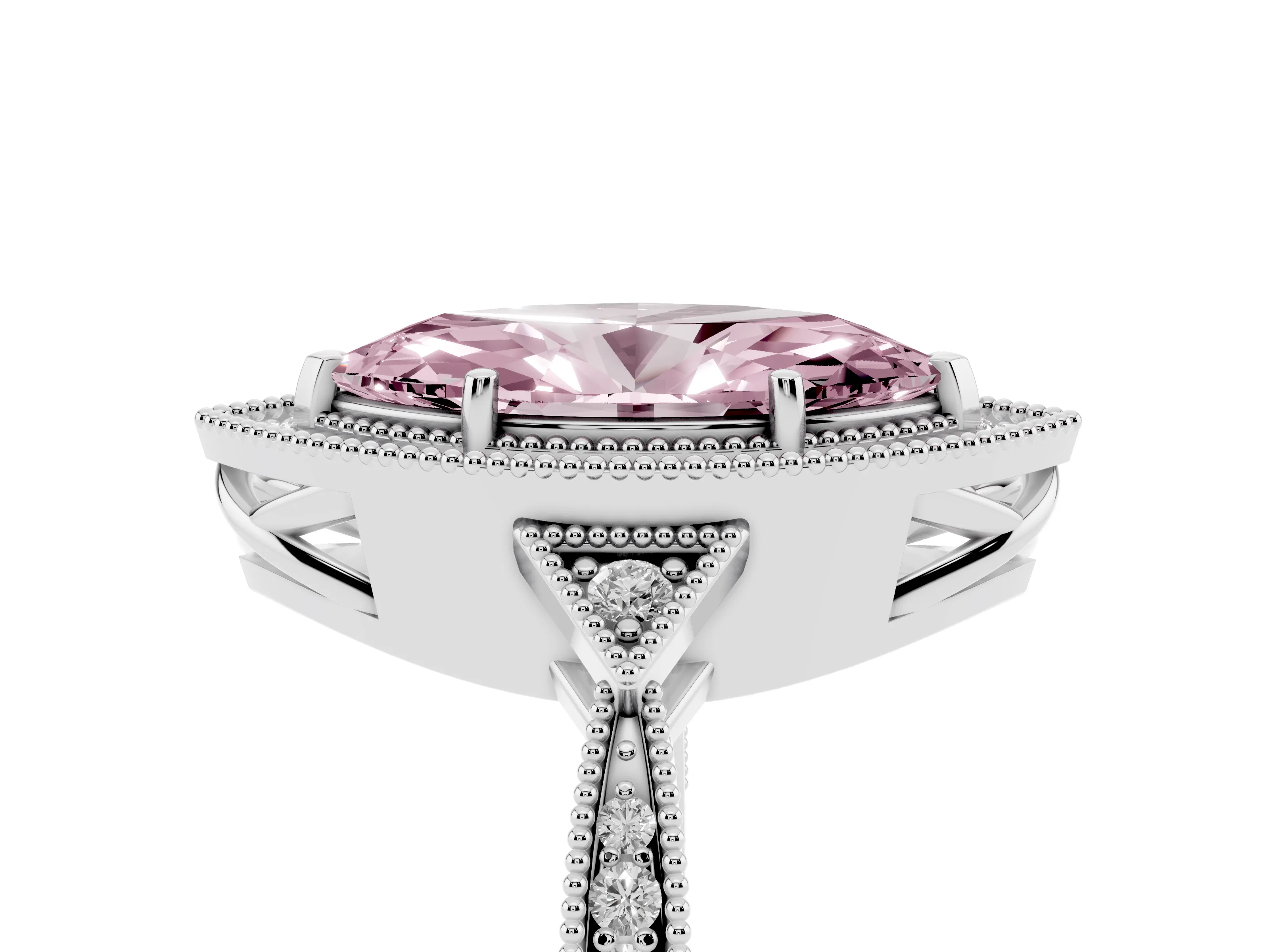 Fancy Pink Marquise Cut Diamond Halo Engagement Ring Set in White gold with Milgrain Pavé Band