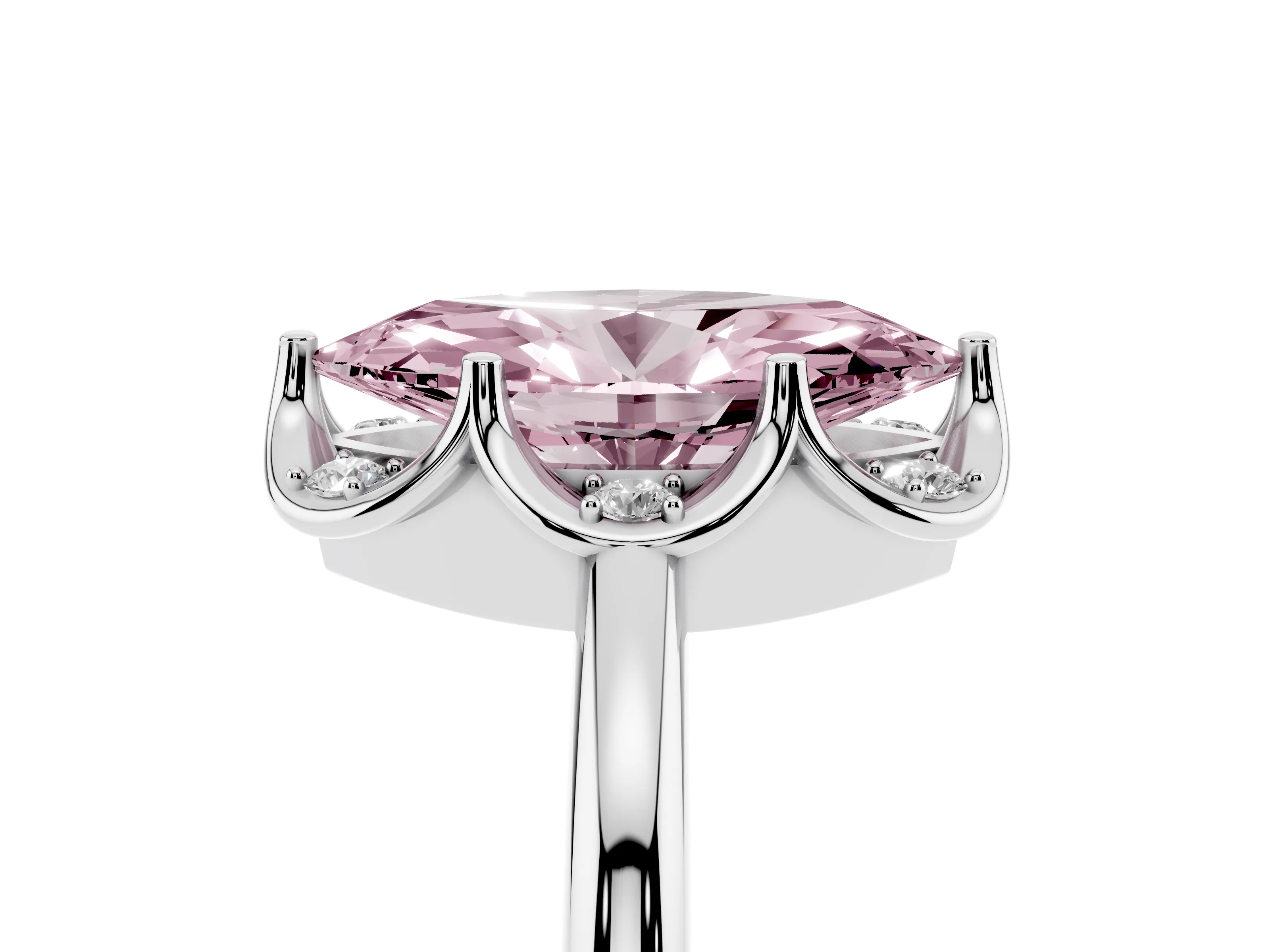 Fancy Pink Marquise Cut Diamond Round Cluster Halo Ring Set in Silver with Solitaire Band and Prong Setting