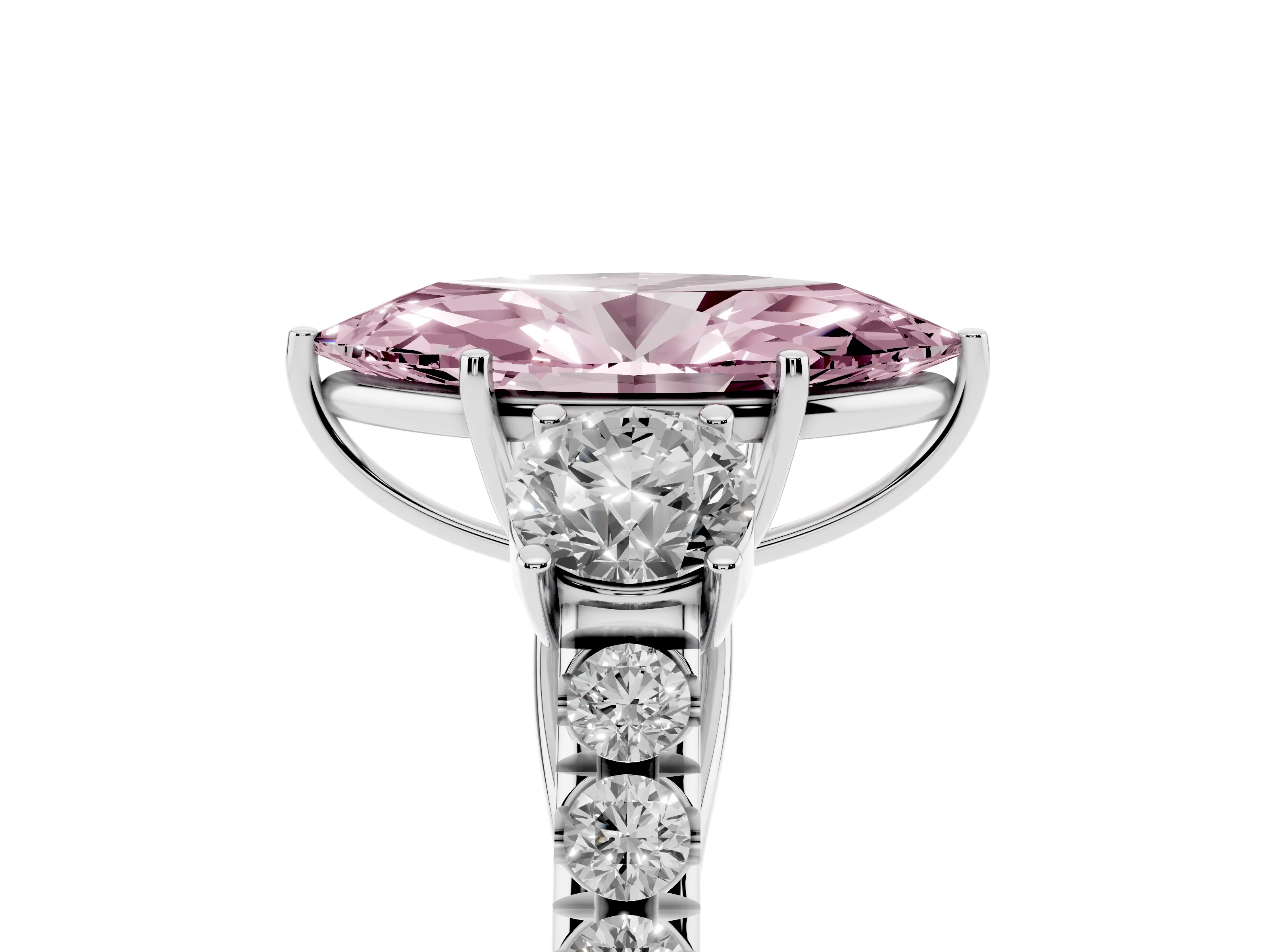 Fancy Pink Marquise Cut Diamond Three-Stone Ring Set in Silver with Round Side Stones and Delicate Pavé Band