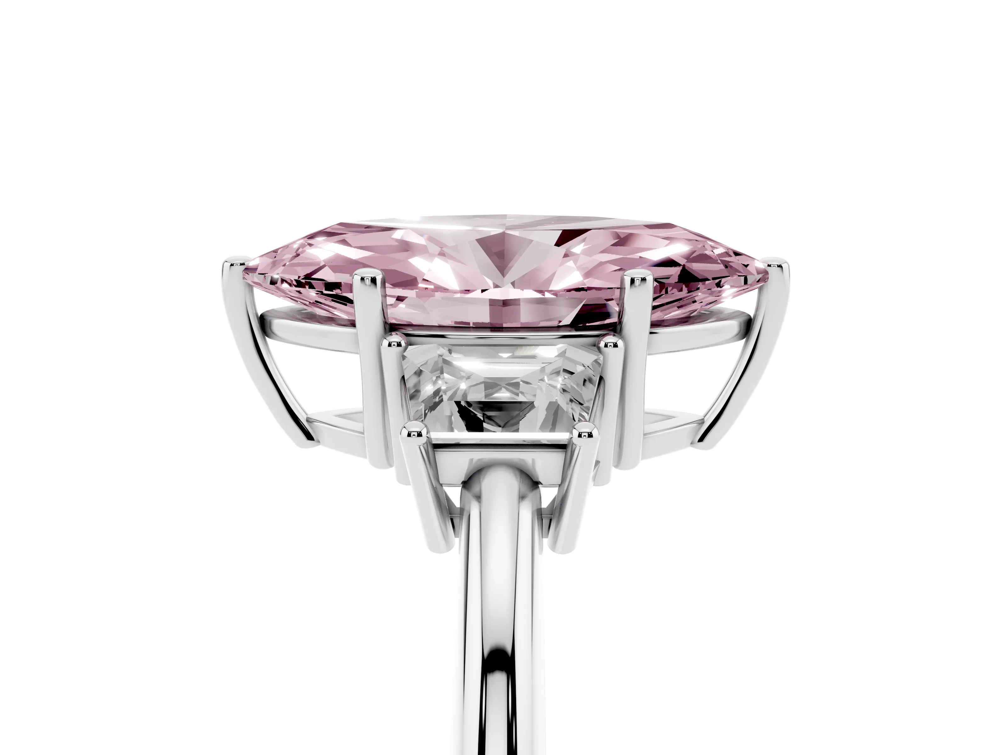 Fancy Pink Marquise Cut Diamond Three-Stone Ring Set in Silver with Trapezoid Side Stones and Prong Setting