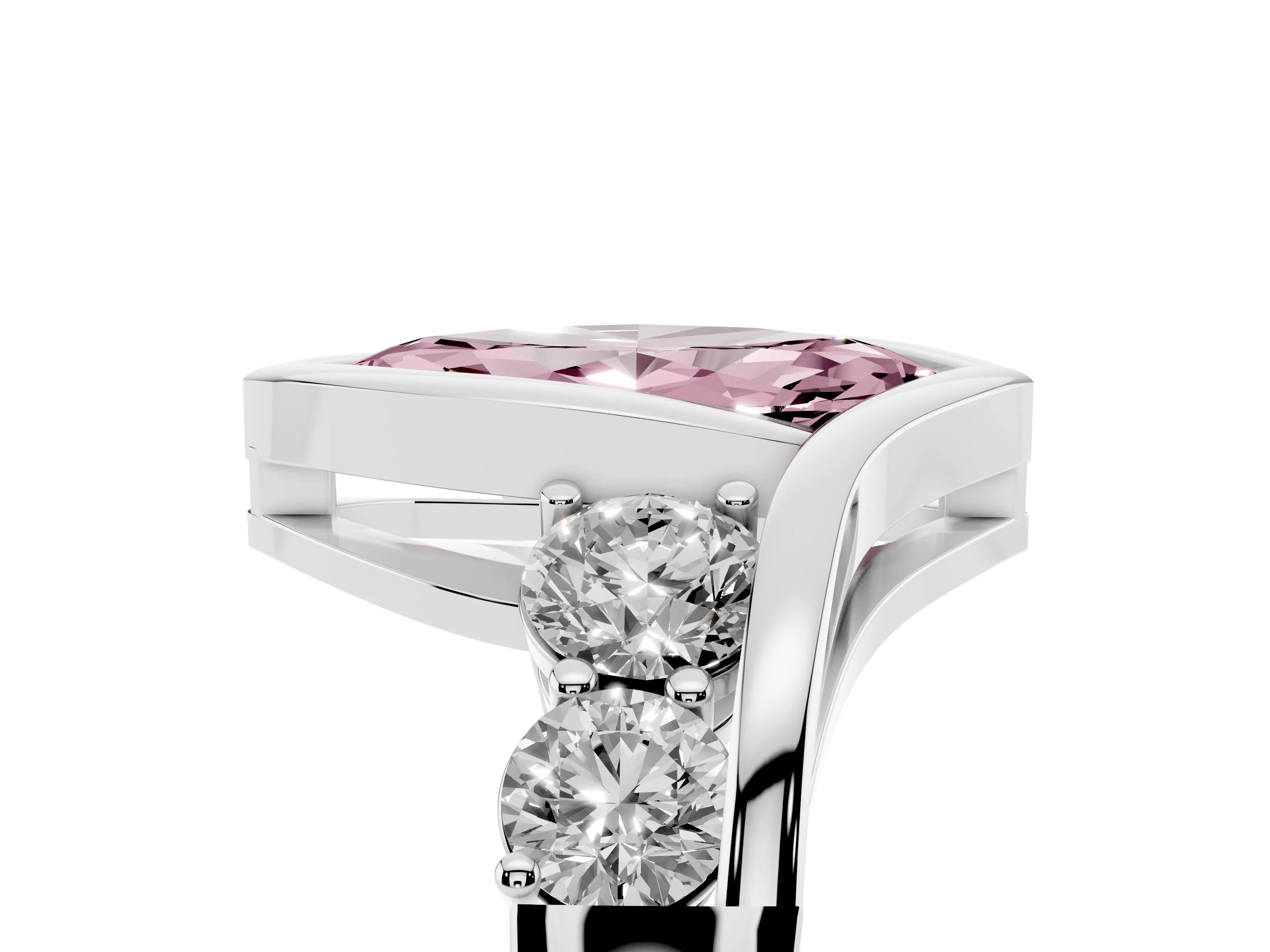 Fancy Pink Marquise Cut Diamond Bezel Bypass Ring Set in Silver with Round Accents