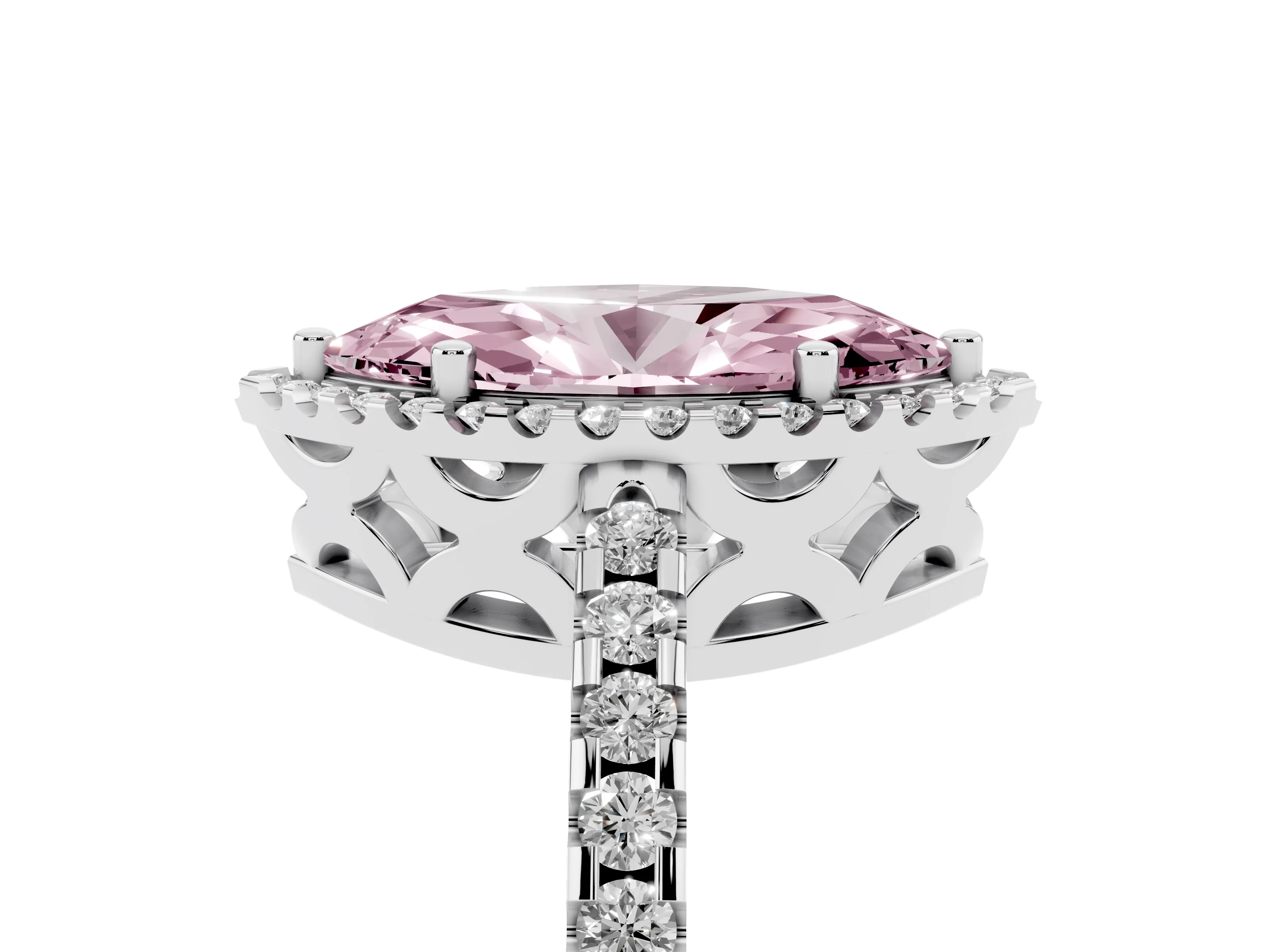 Fancy Pink Marquise Cut Diamond Halo Ring Set in White gold with Pavé Shoulders and Halo-Framed Center