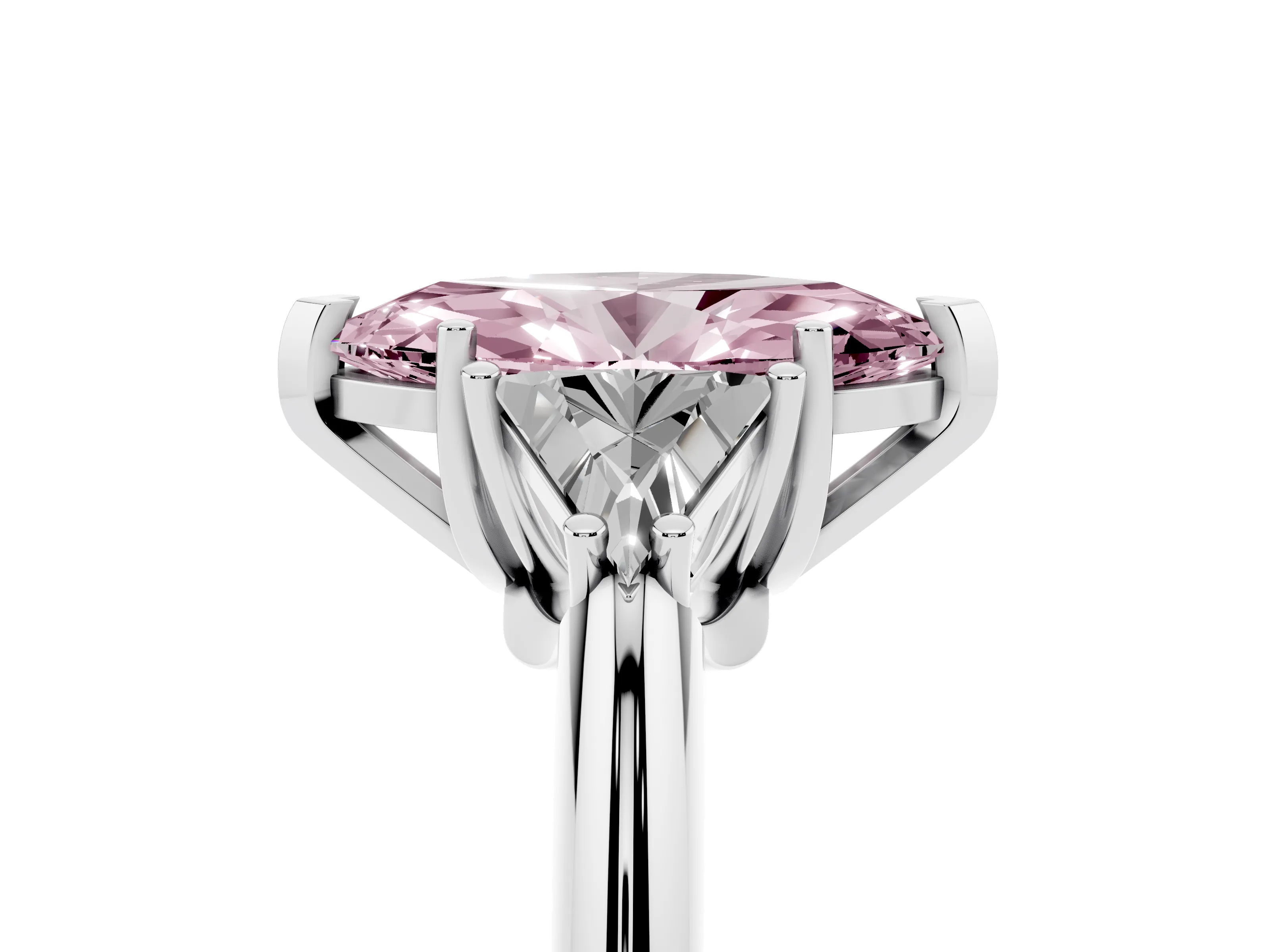 Fancy Pink Marquise Cut Diamond Three-Stone Engagement Ring Set in White gold with Trillion Side Stones