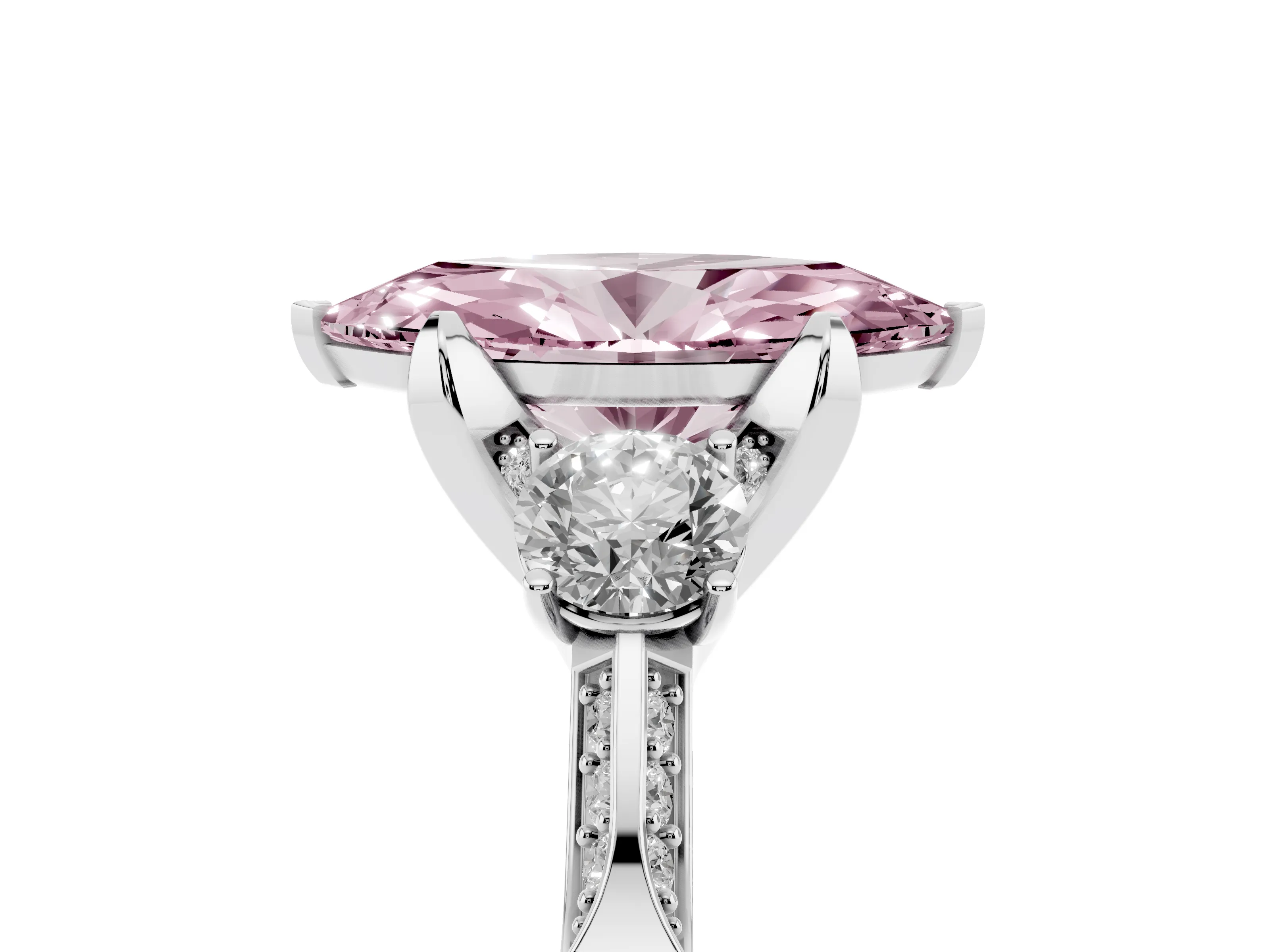 Fancy Pink Marquise Cut Diamond Three-Stone Ring Set in White gold with Pavé Band and Smaller Side Stones