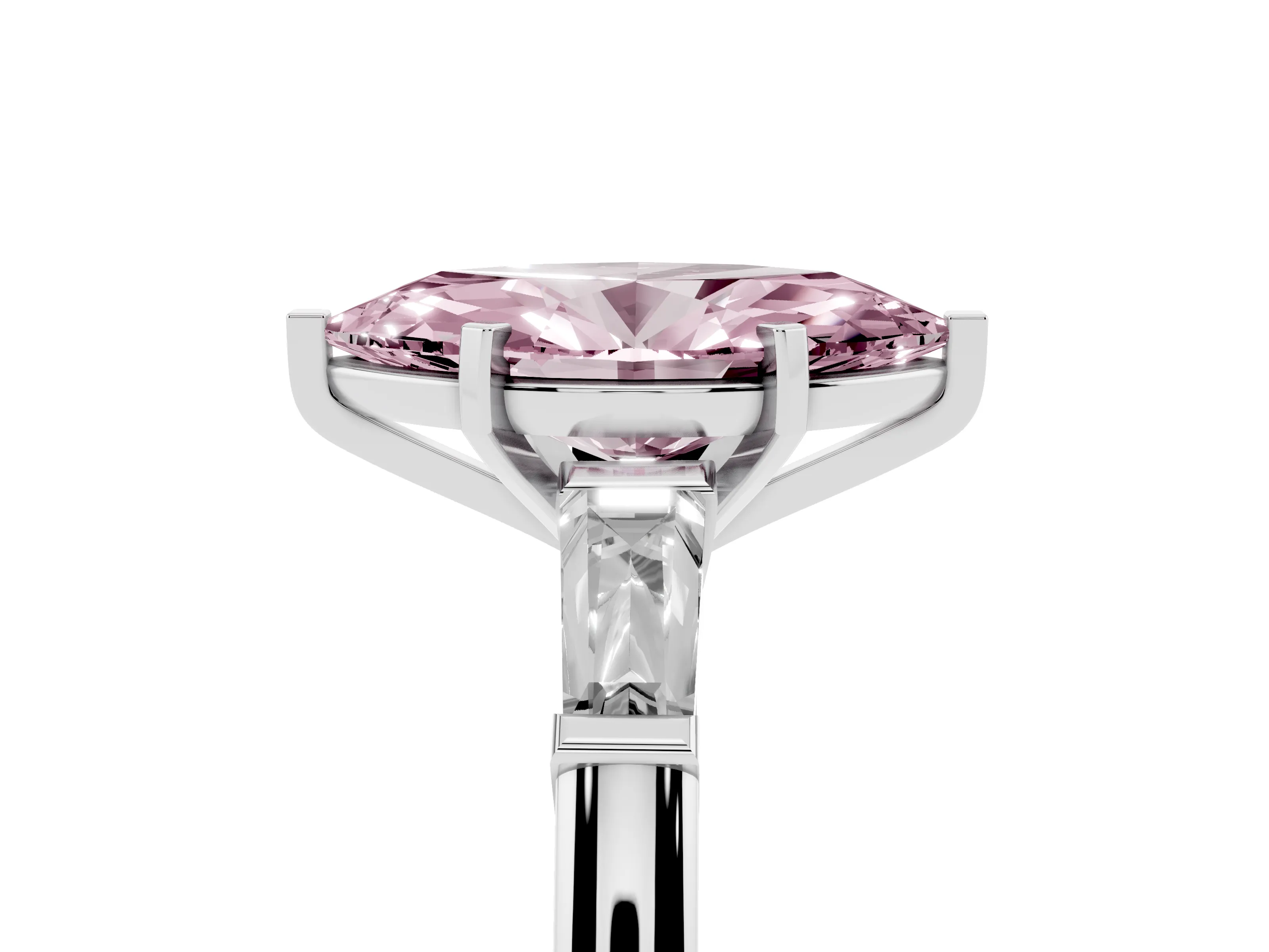 Fancy Pink Marquise Cut Diamond Solitaire Ring Set in White gold with Tapered Baguette Side Stones and Prong Setting