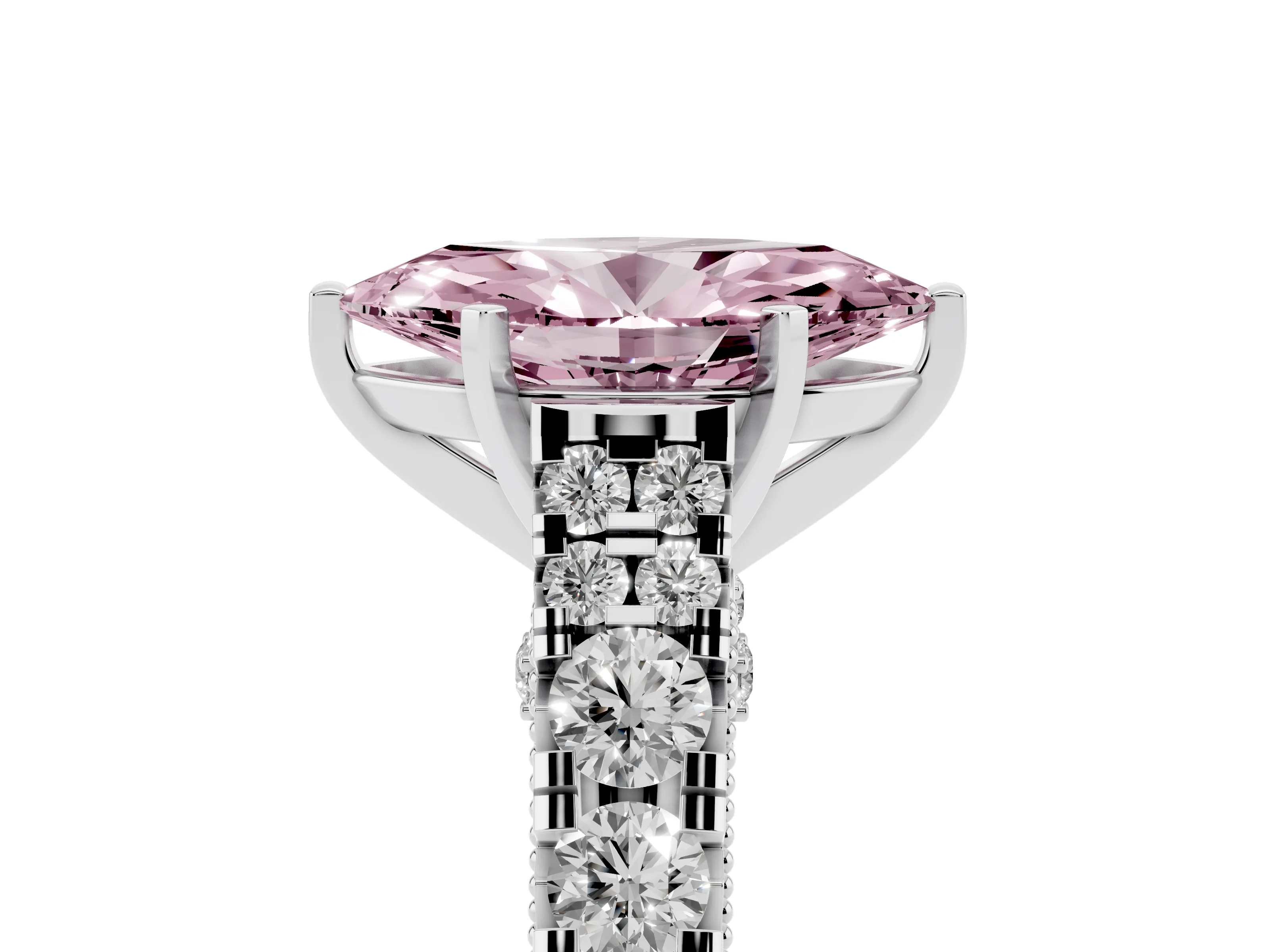 Fancy Pink Marquise Cut Diamond Classic Solitaire Ring Set in Silver with Pavé Band and Prong Setting