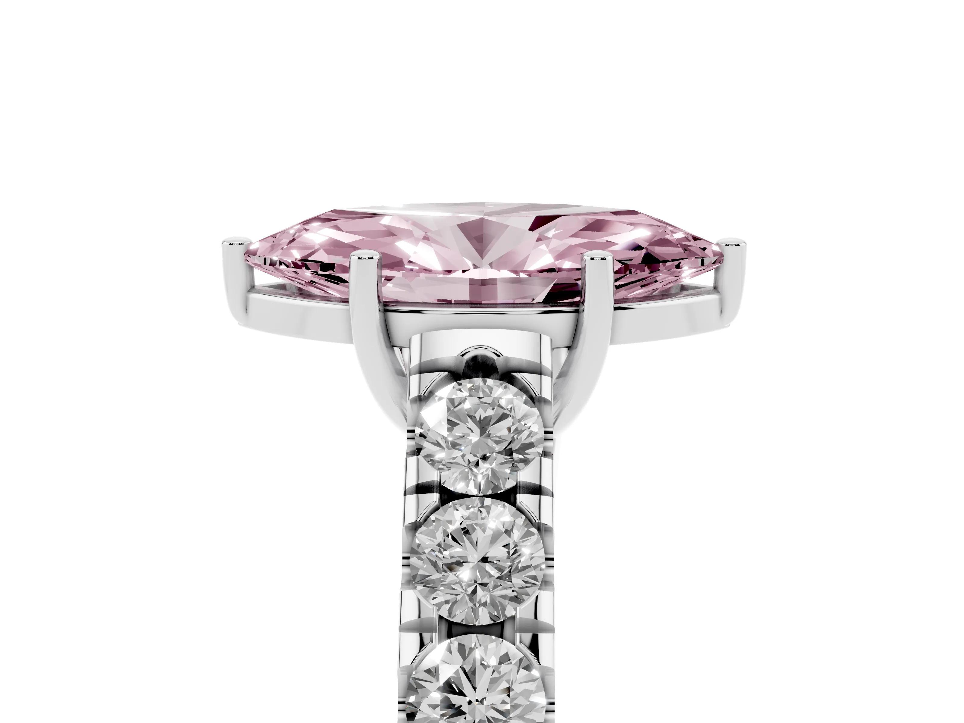 Fancy Pink Marquise Cut Diamond Solitaire Ring Set in White gold with Cut-Down Micro Pavé Band and Prong Setting
