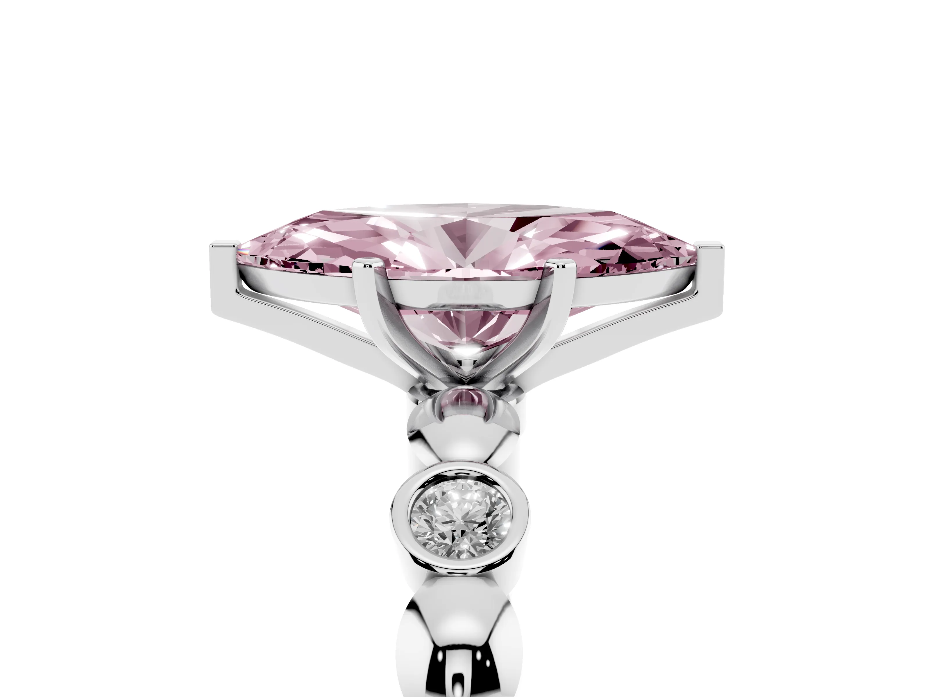 Fancy Pink Marquise Cut Diamond Solitaire Ring Set in Silver with Bezel-Set Accents on Beaded Band and Prong Setting