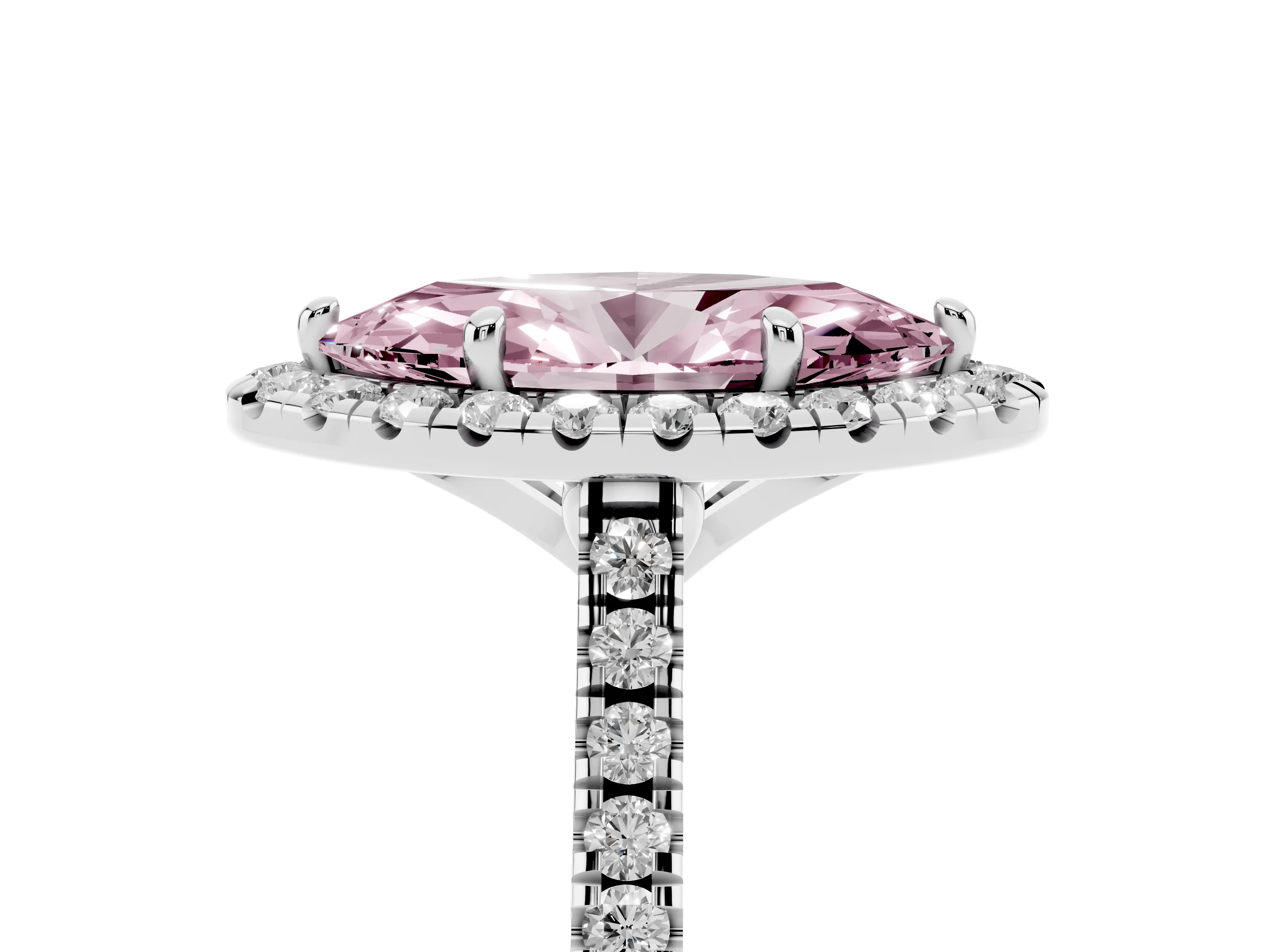Fancy Pink Marquise Cut Diamond Cushion Halo Ring Set in White gold with Pavé Band