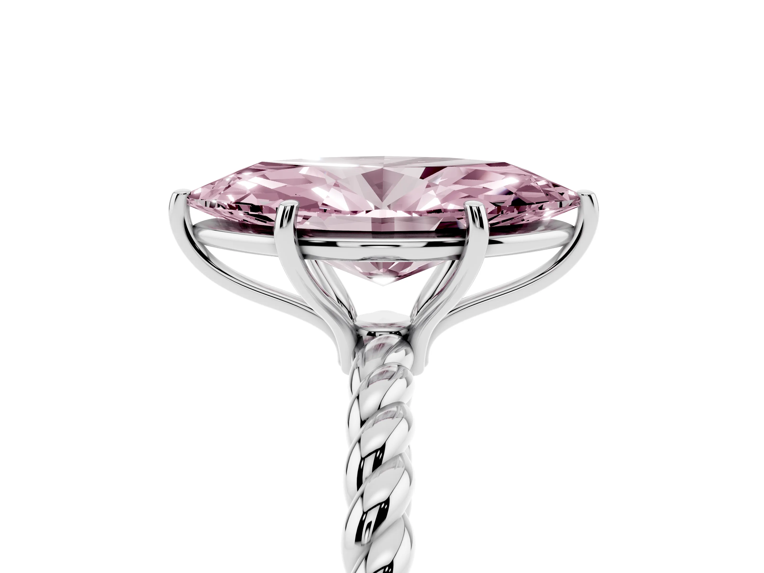 Fancy Pink Marquise Cut Diamond Solitaire Ring Set in Silver with Twist Band and Prong Setting