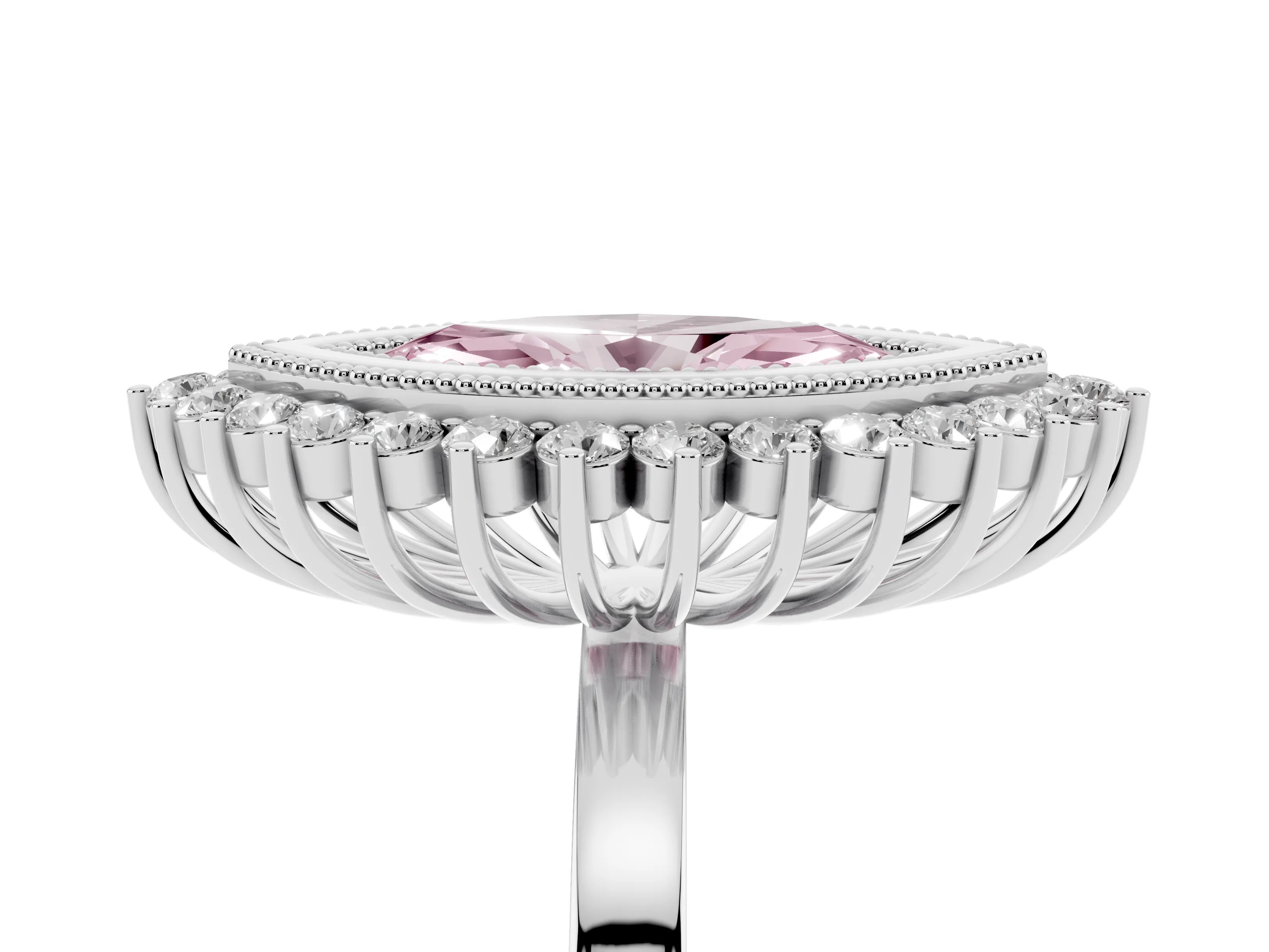 Fancy Pink Marquise Cut Diamond Halo Ring Set in Silver with Milgrain Edge and Round Prong Setting