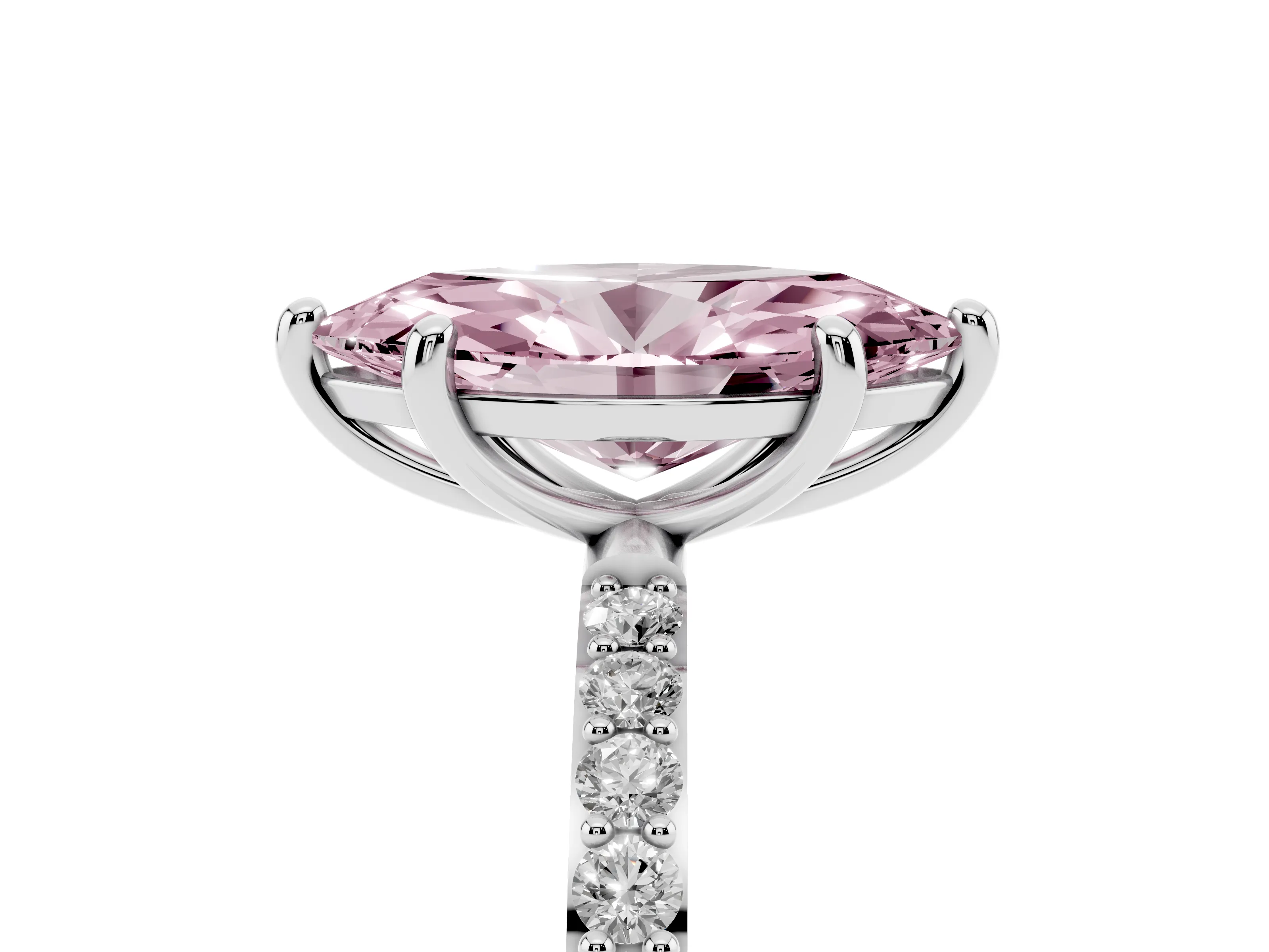 Fancy Pink Marquise Cut Diamond Solitaire Ring Set in Platinum with Round Pavé Band and Prong Setting